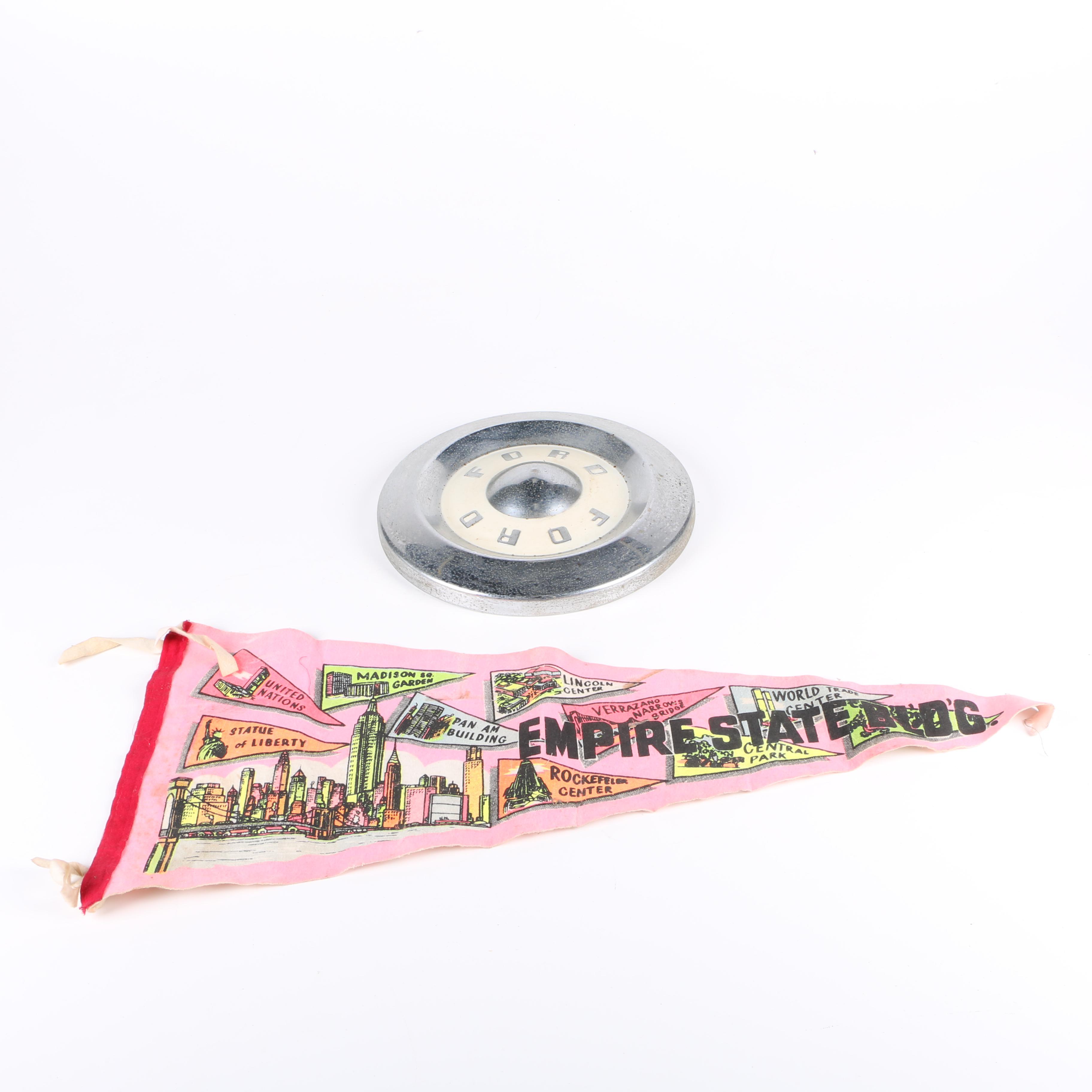 Empire State Building Pennant with Vintage Ford Dog Dish Hubcap