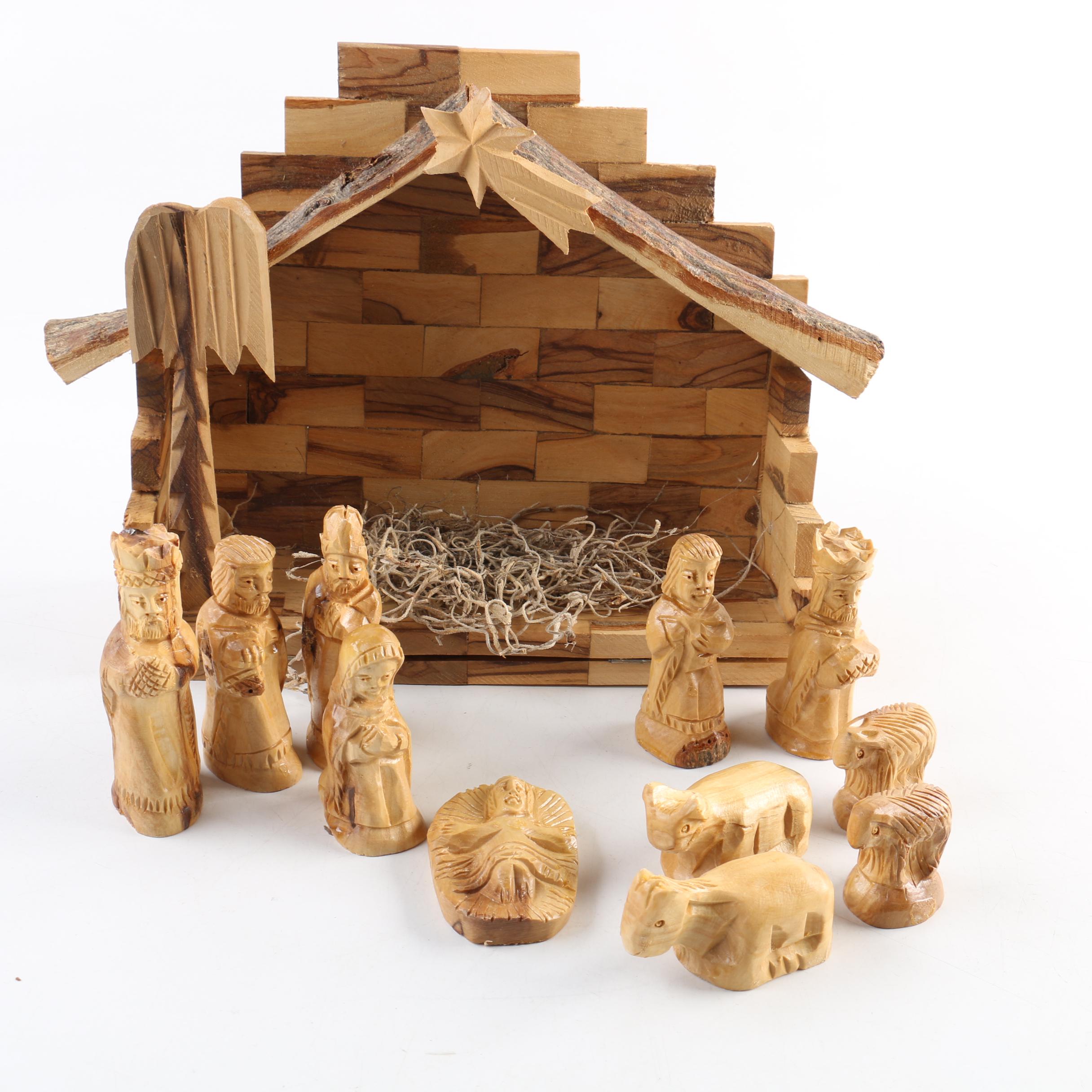 A Vintage Carved Wooden Nativity Scene