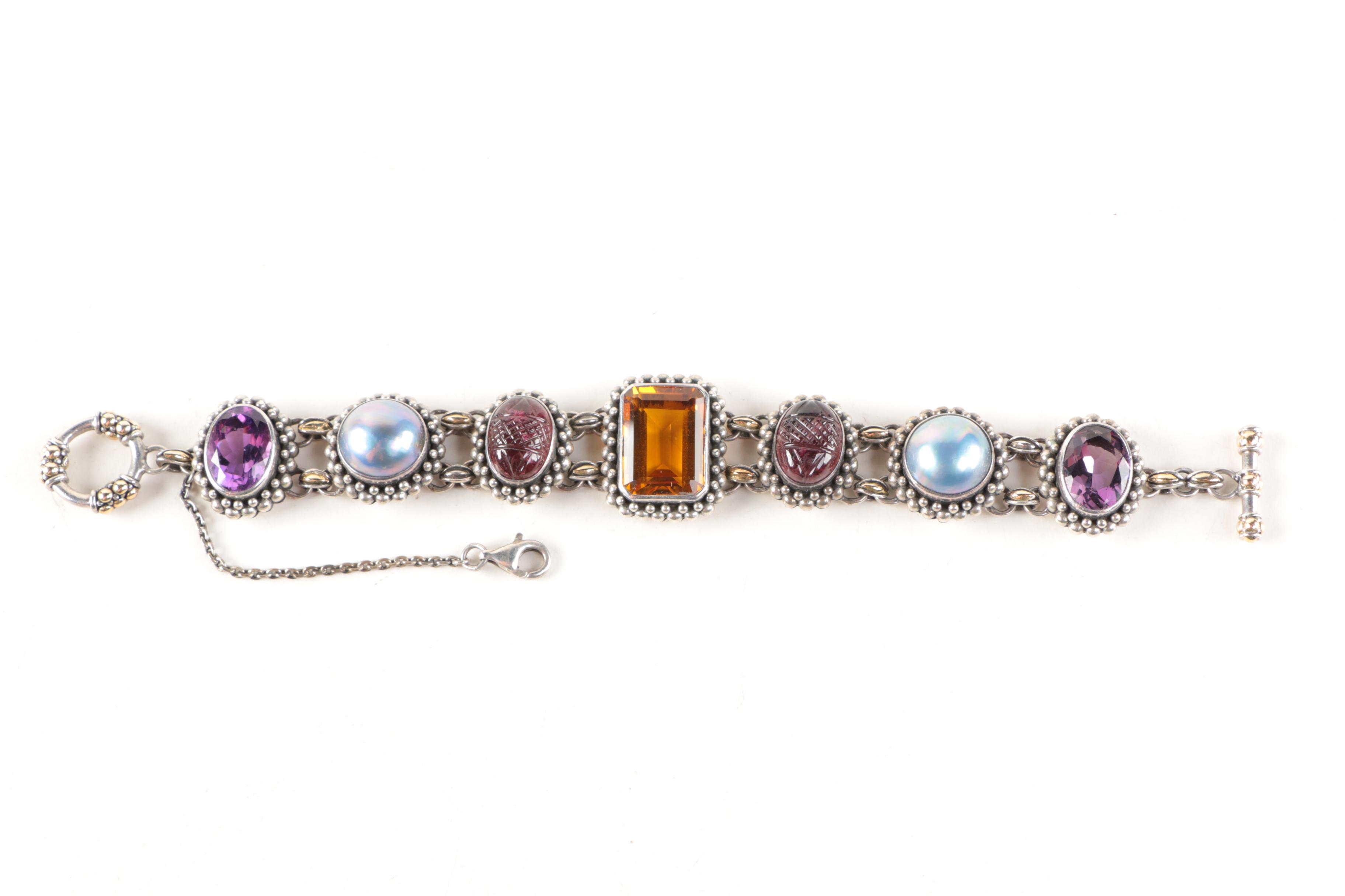Sterling SIlver Gemstone Bracelet With 14K Yellow Gold Accents