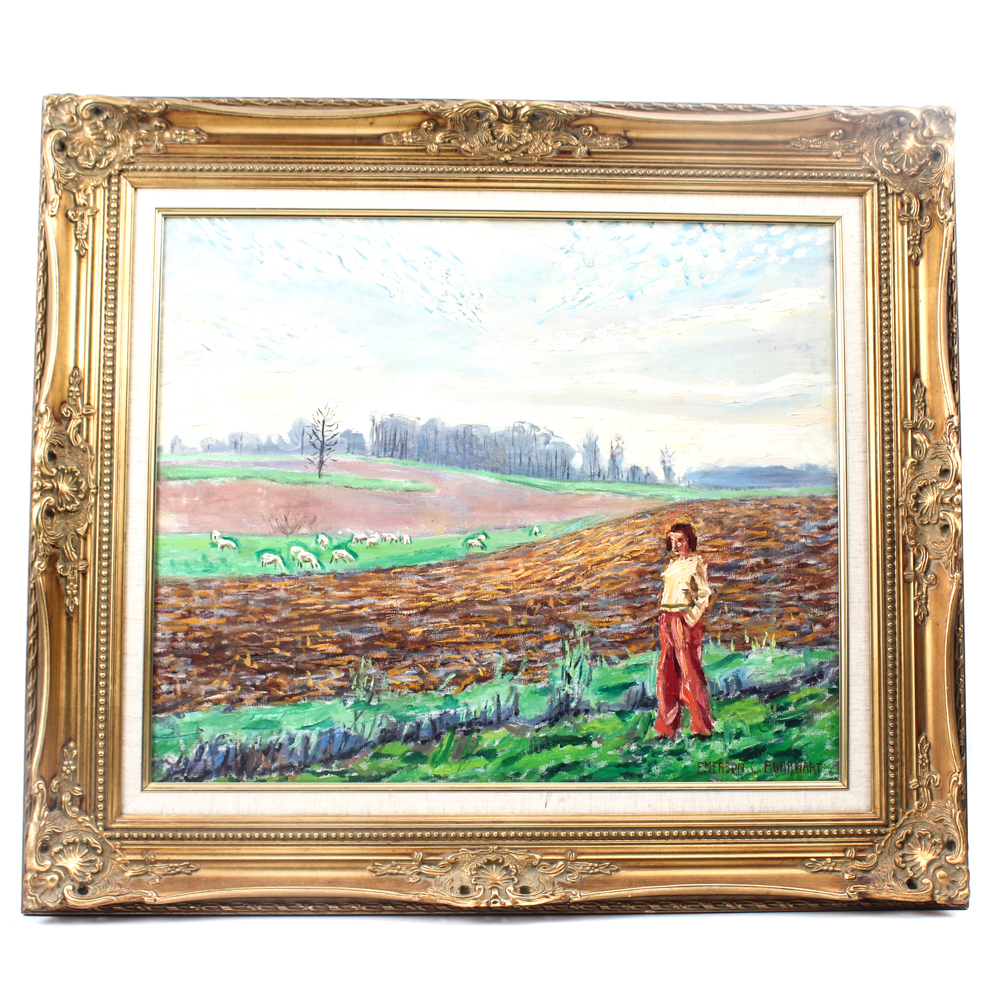 Emerson Burkhart Oil on Canvas "Farm, Sheep Landscape"