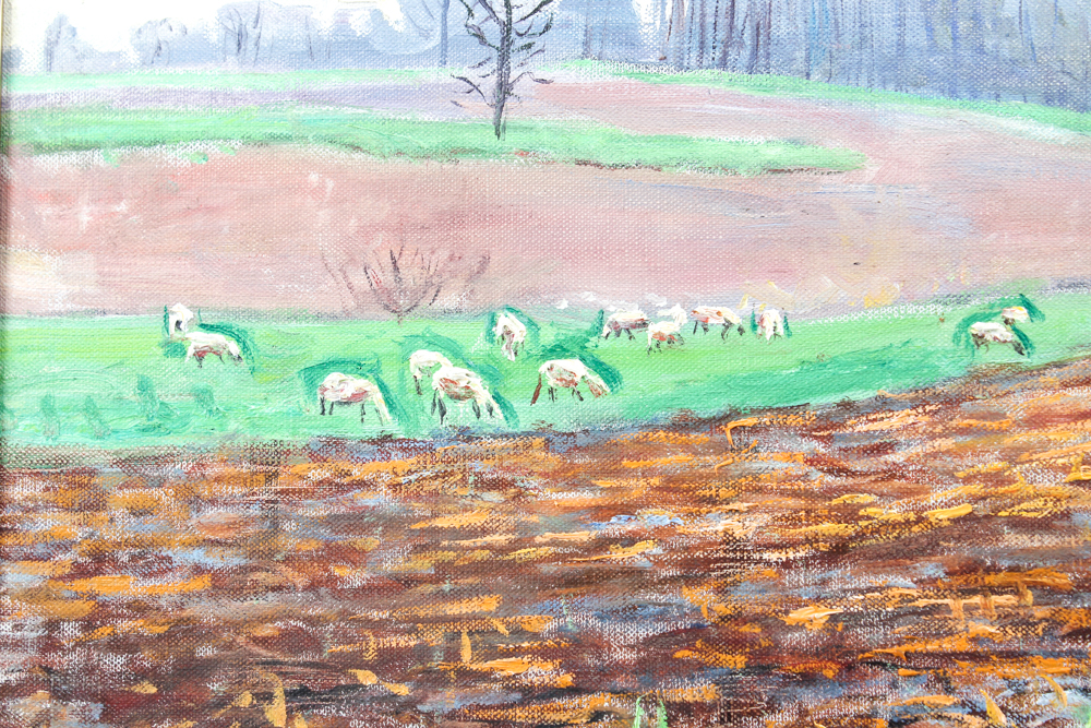 Emerson Burkhart Oil on Canvas "Farm, Sheep Landscape"