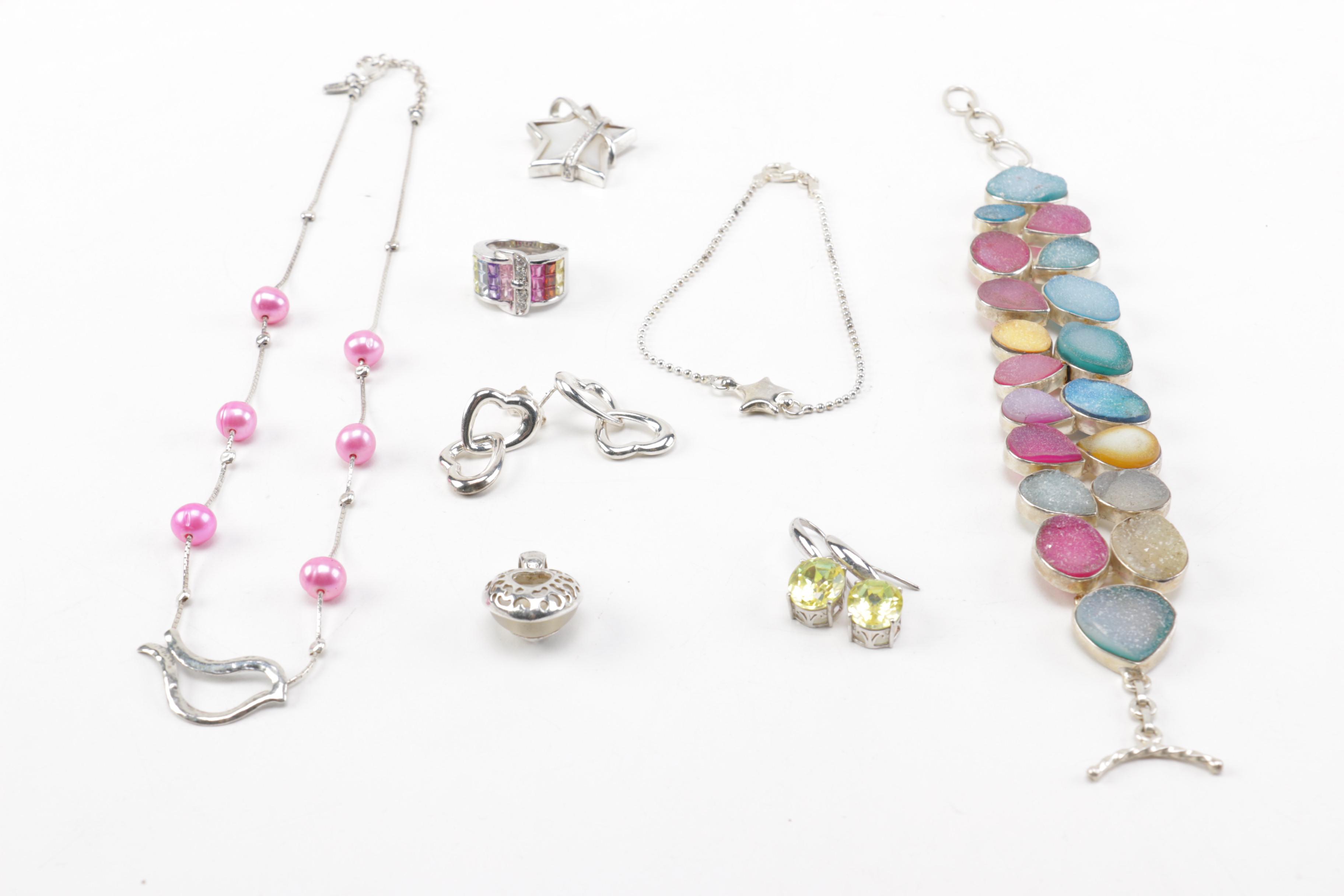 Sterling Silver Jewelry Featuring Druzt Quartz and Dyed Pink Cultured Pearls