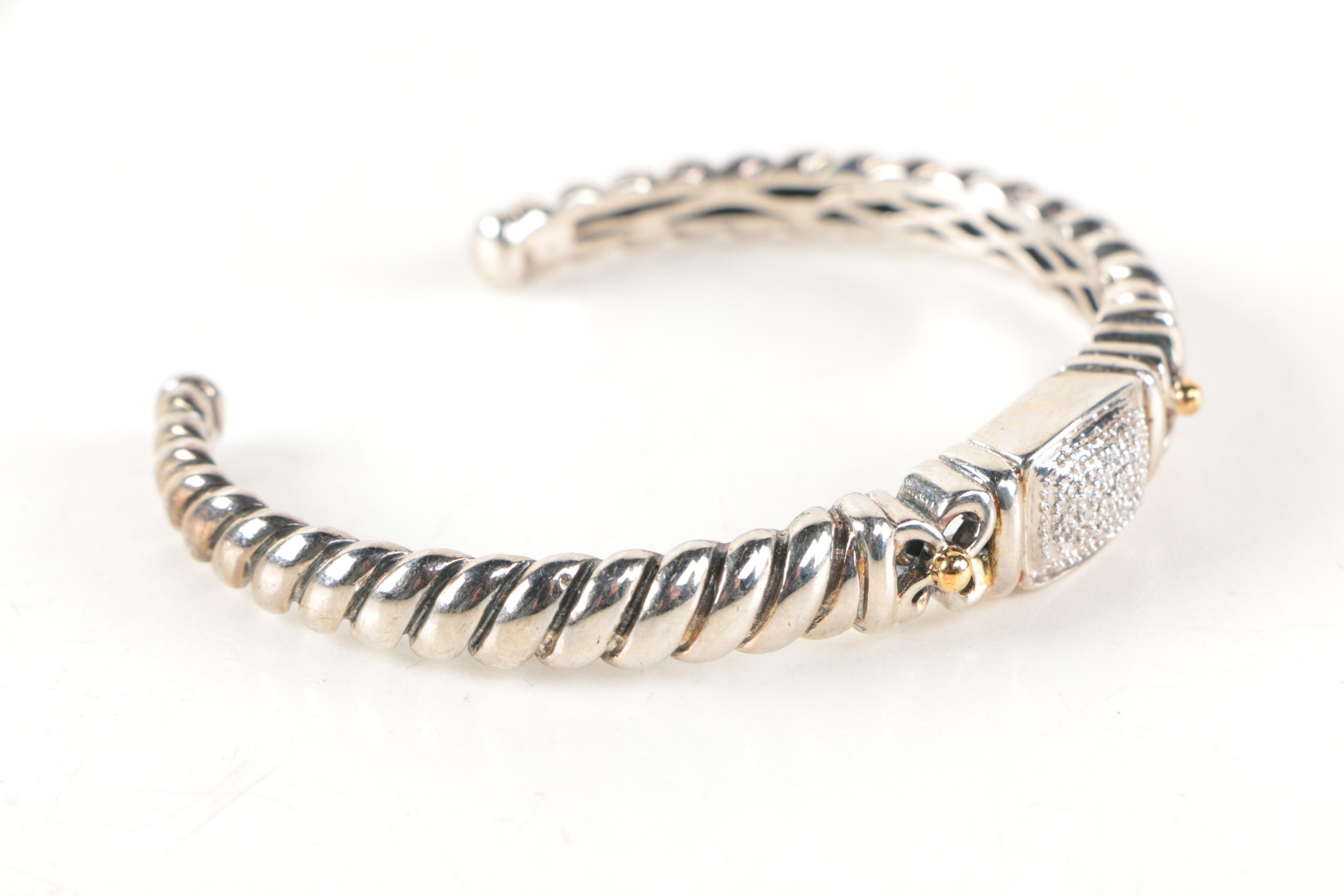 Sterling Silver Diamond Cuff Bracelet with 14K Yellow Gold Accents