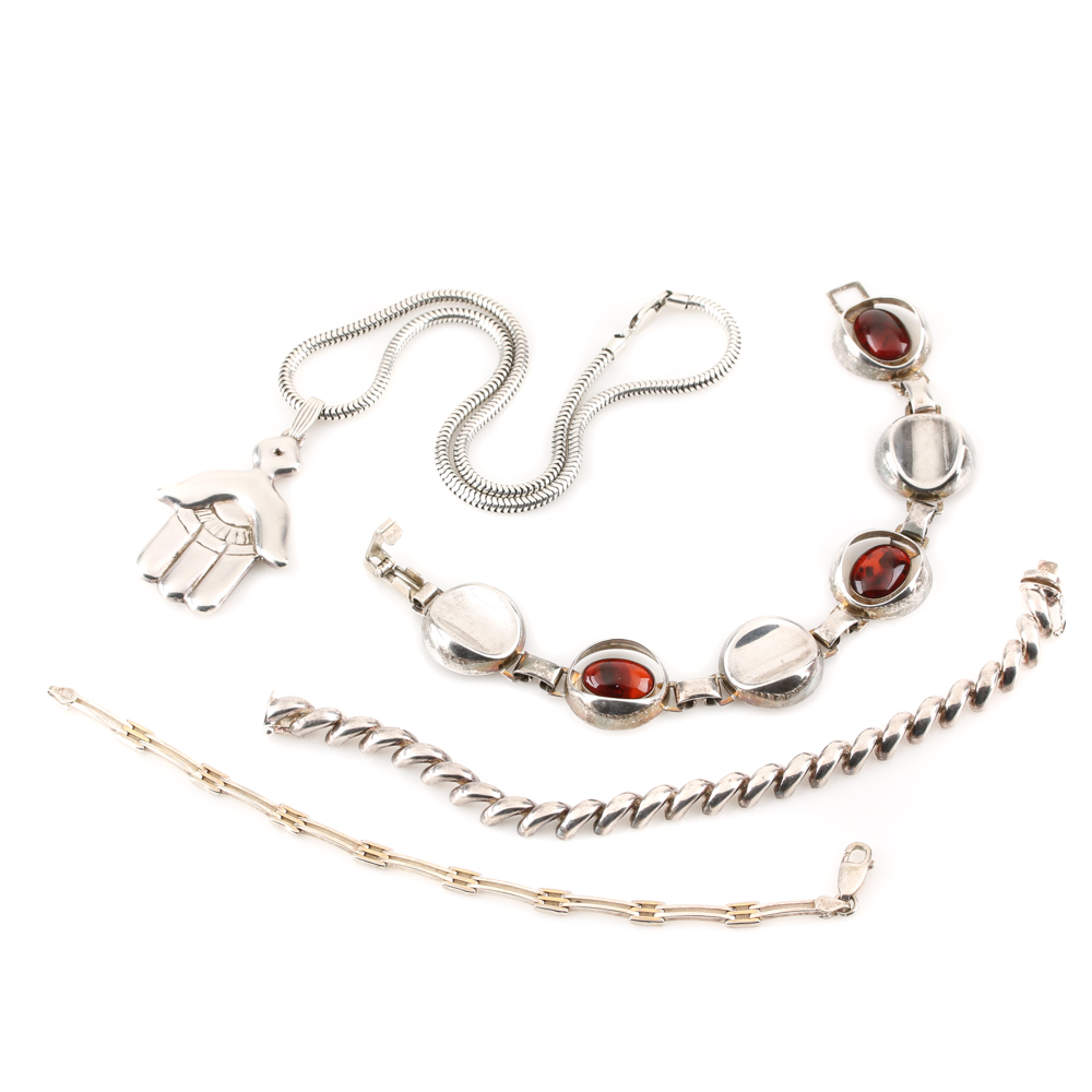 Sterling Silver Hamsa Hand Necklace and Bracelet Selection Including Amber
