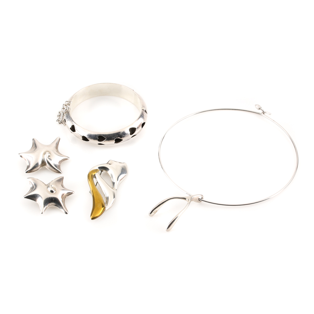 Sterling Silver Abstract Jewelry Selection Including Notin Wright