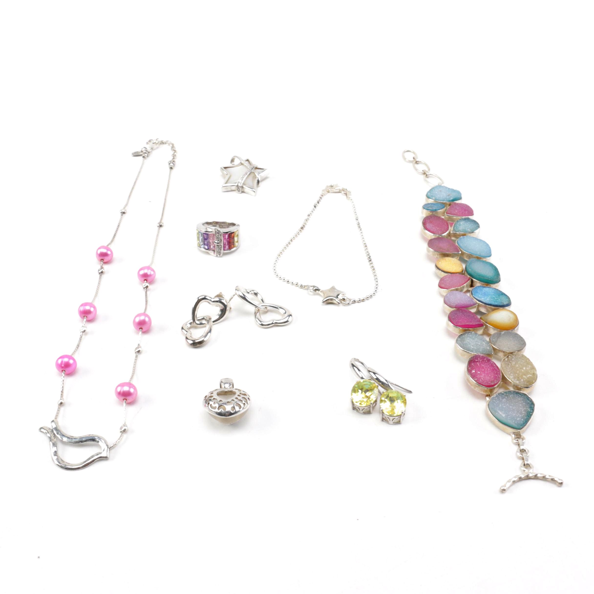 Sterling Silver Jewelry Featuring Druzt Quartz and Dyed Pink Cultured Pearls