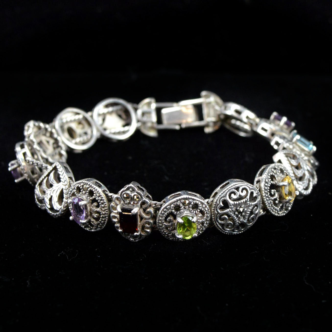 Silver Tone Slide Bracelet with Gemstone Charms