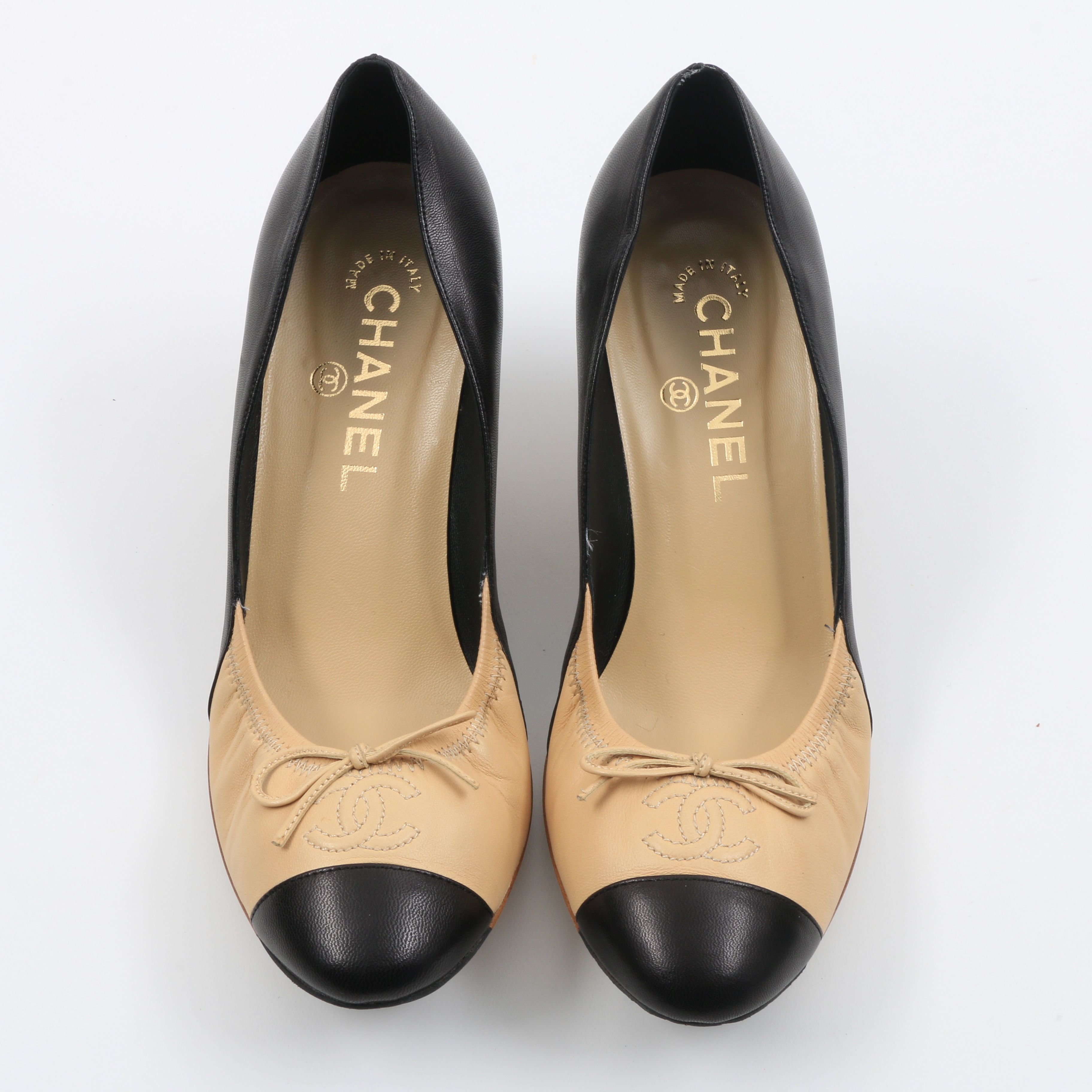 Chanel Beige and Black Kitten Heel Pump with Bow, Never Worn