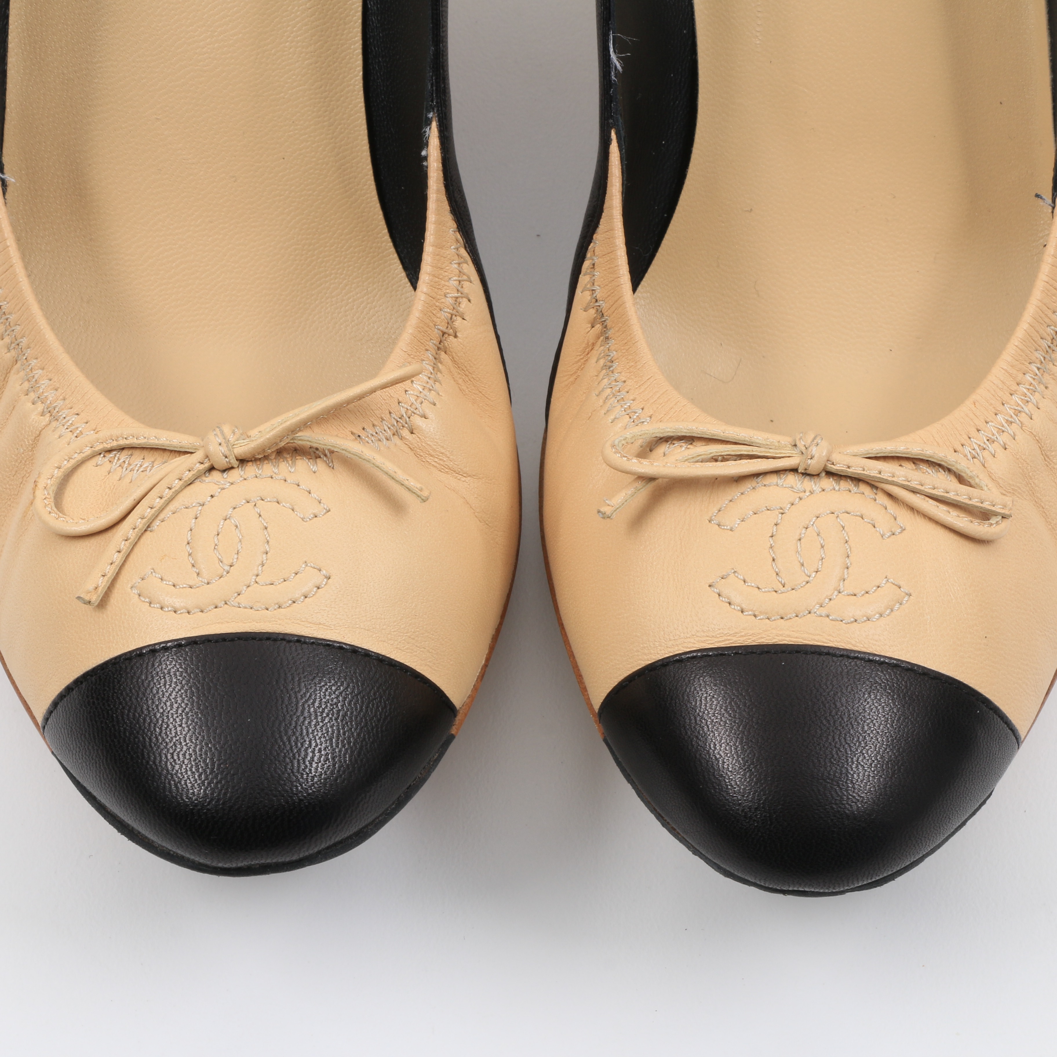 Chanel Beige and Black Kitten Heel Pump with Bow, Never Worn