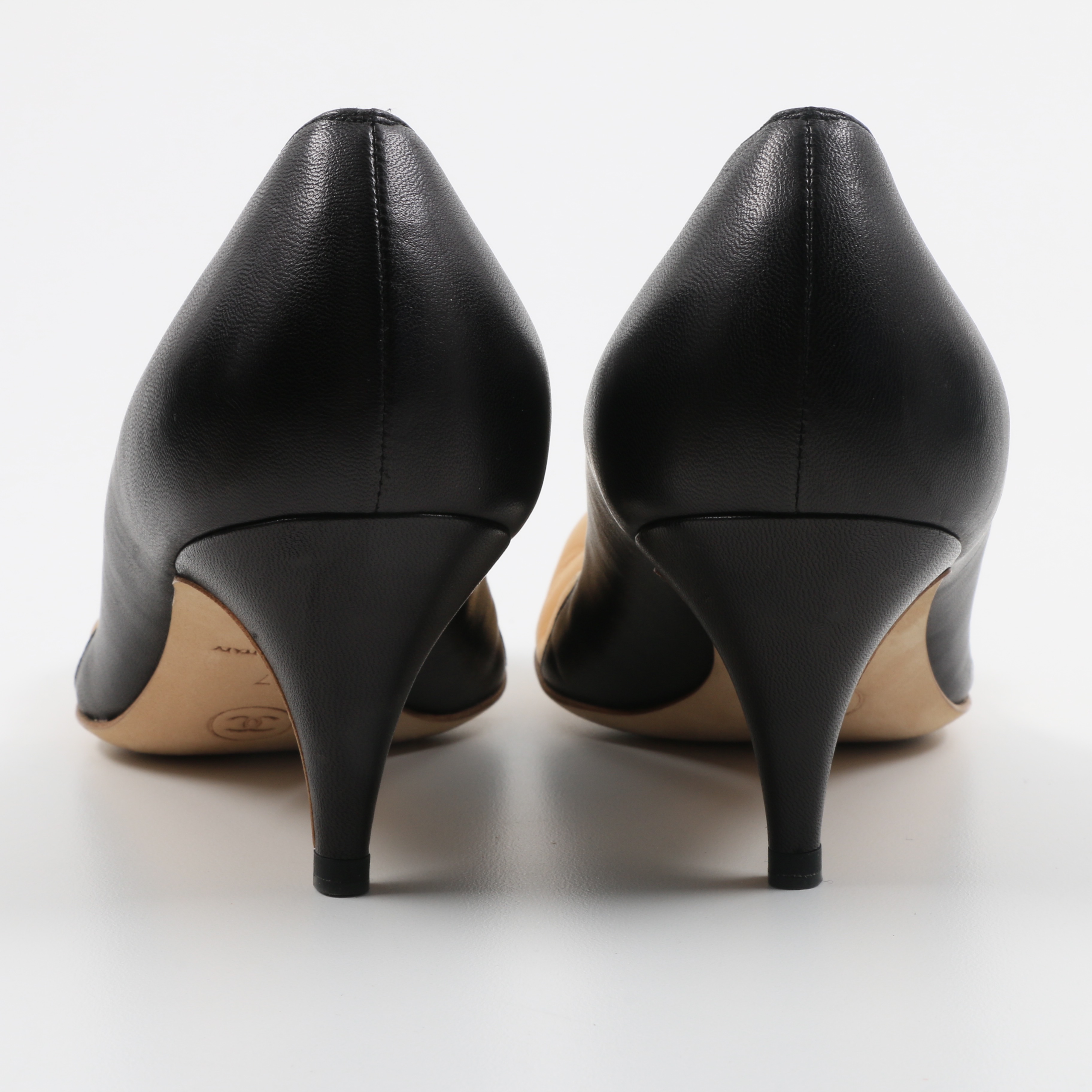 Chanel Beige and Black Kitten Heel Pump with Bow, Never Worn