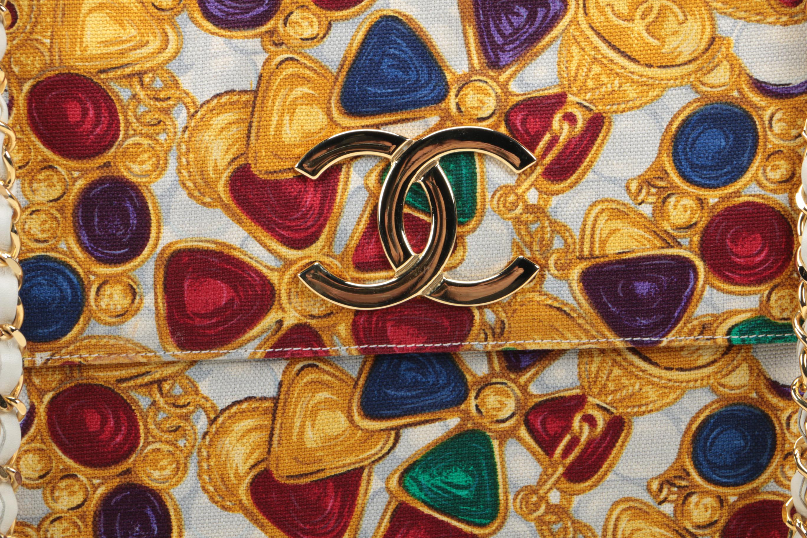 Vintage Circa 1980s Chanel Gripoix Jewelry Print Canvas Purse
