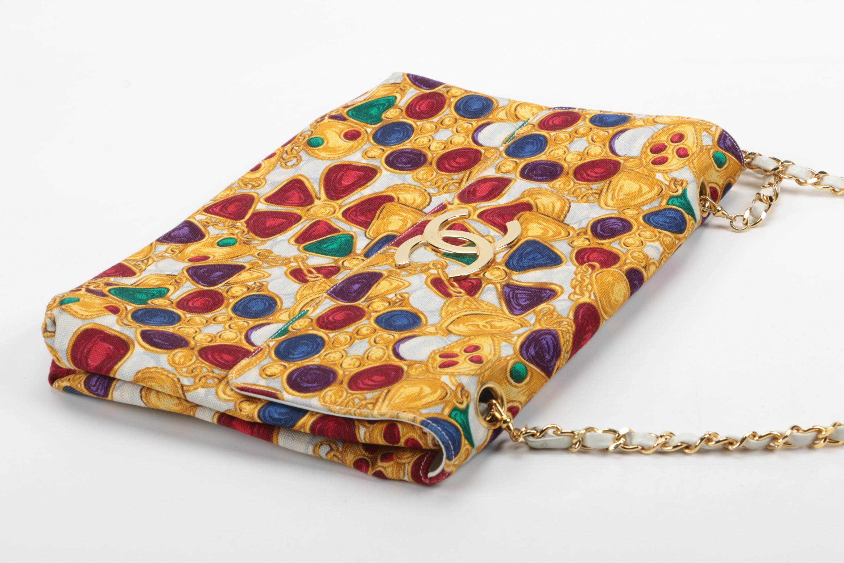 Vintage Circa 1980s Chanel Gripoix Jewelry Print Canvas Purse