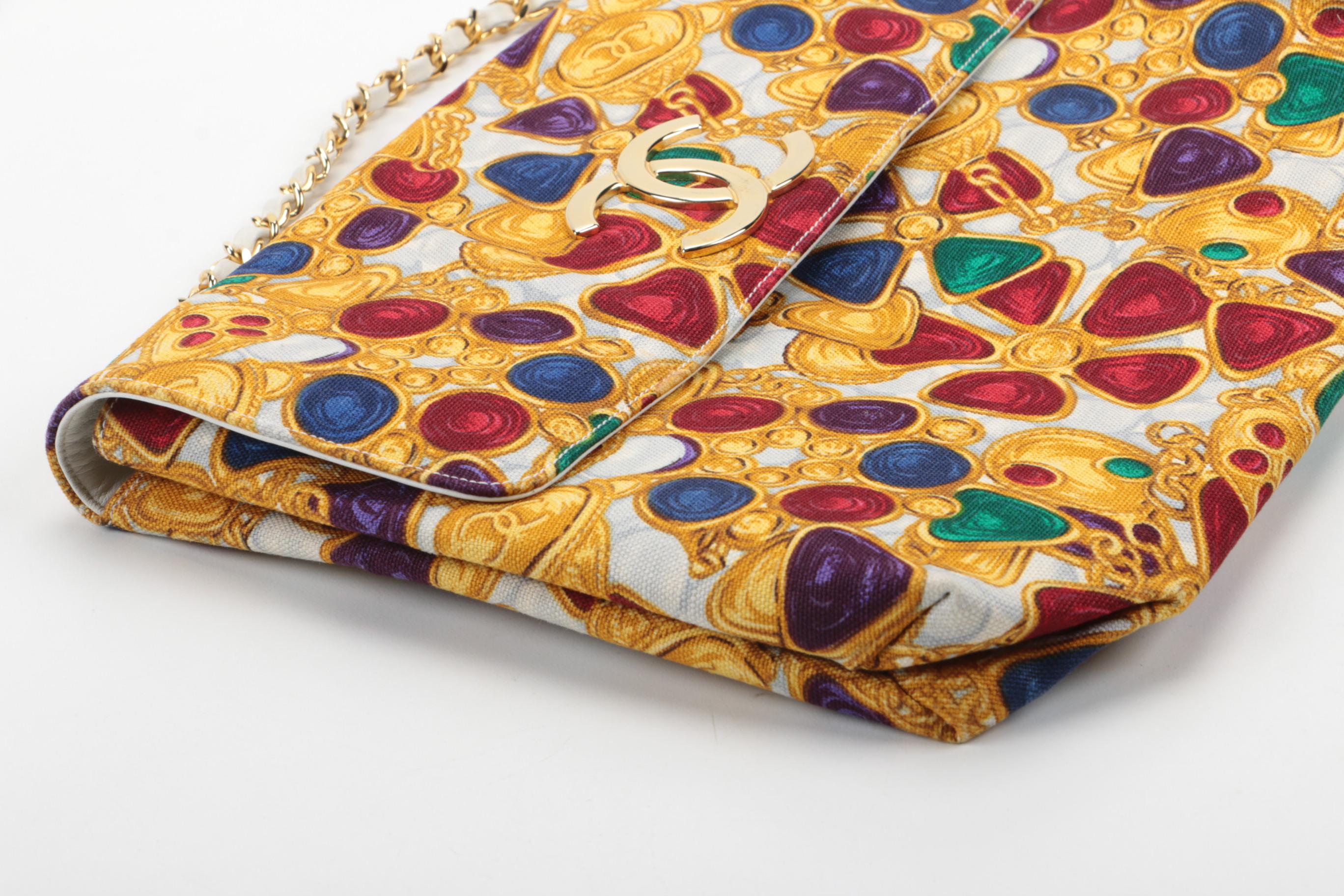Vintage Circa 1980s Chanel Gripoix Jewelry Print Canvas Purse