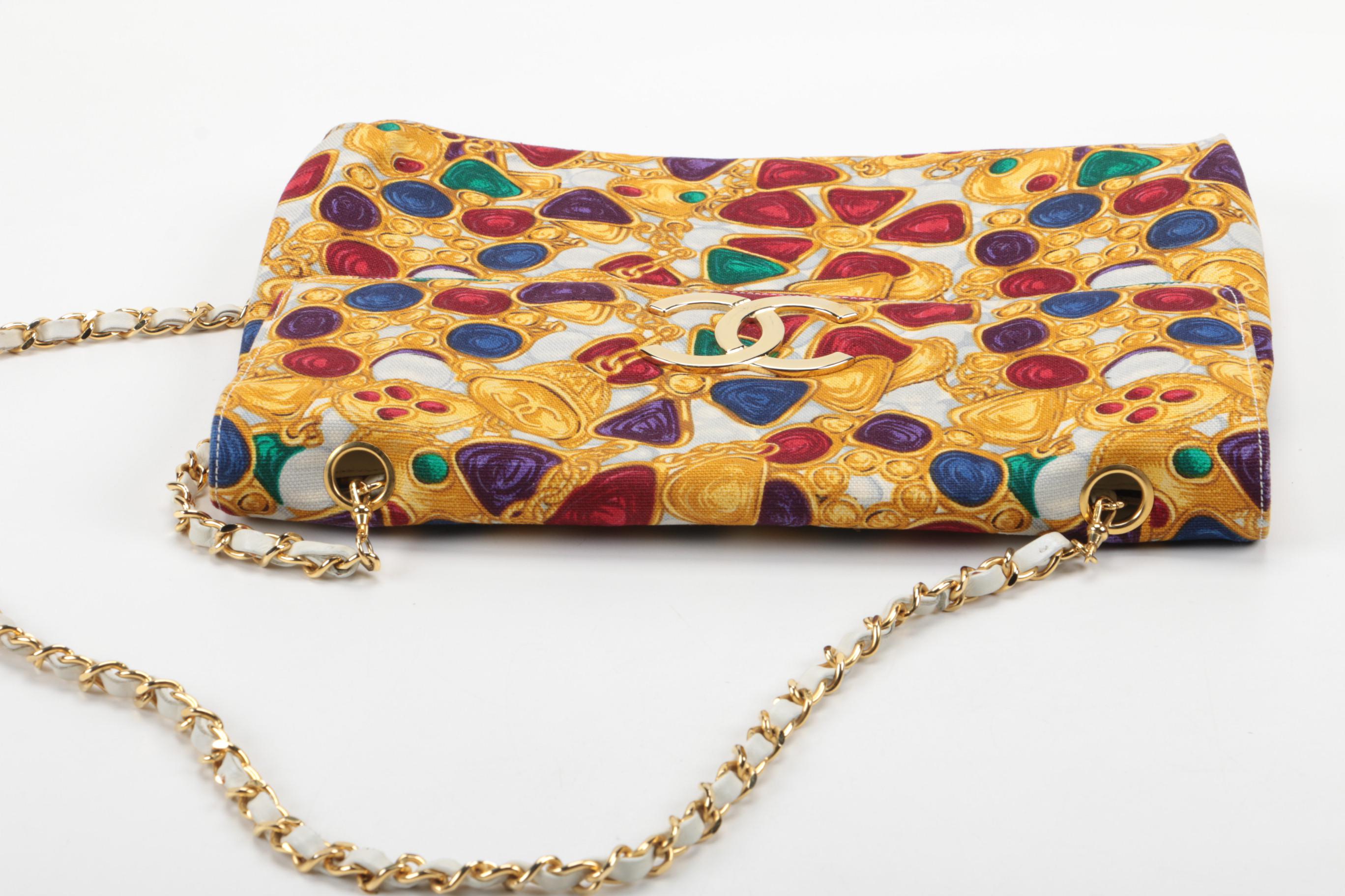 Vintage Circa 1980s Chanel Gripoix Jewelry Print Canvas Purse