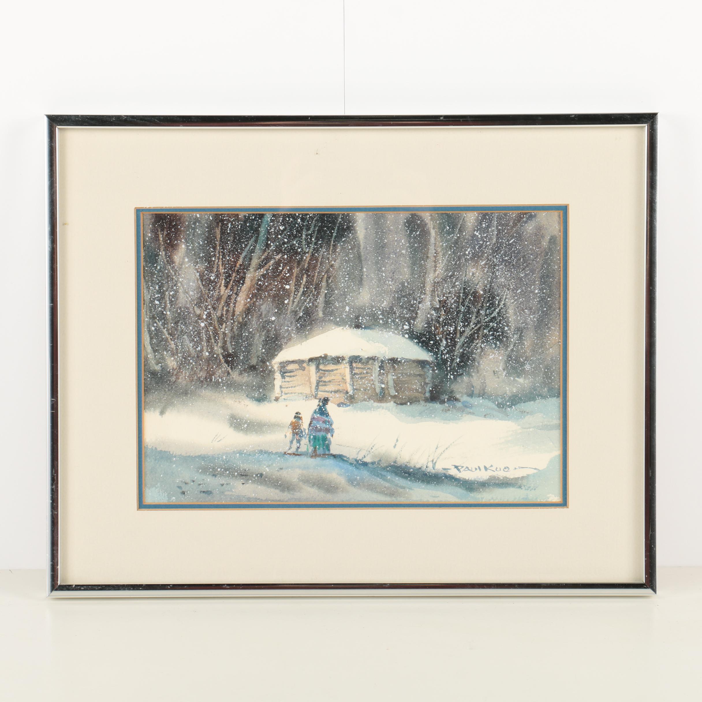 Paul Kuo Watercolor Painting of a Winter Scene