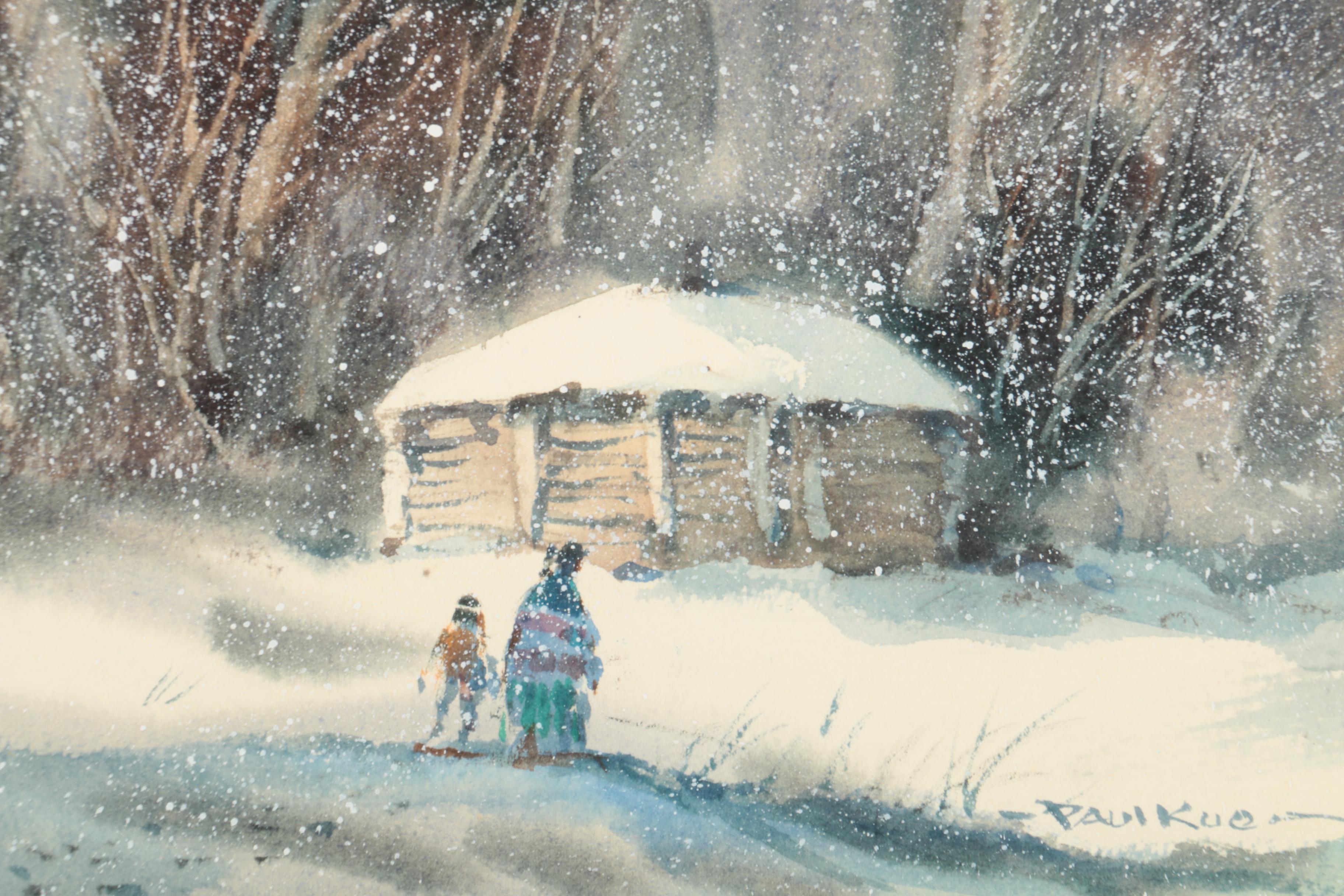 Paul Kuo Watercolor Painting of a Winter Scene