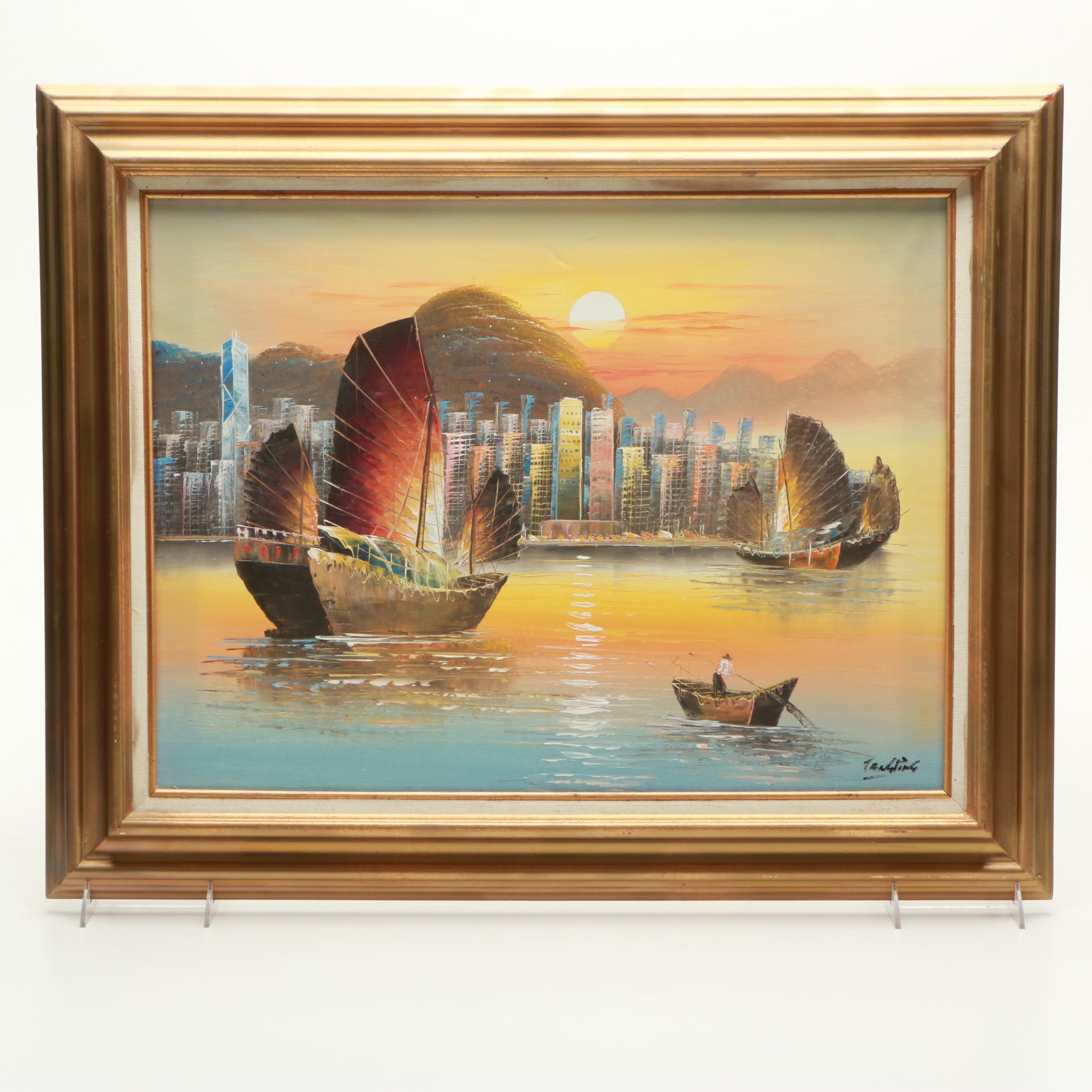 Tang Ping Oil Painting on Canvas of Ship Scene