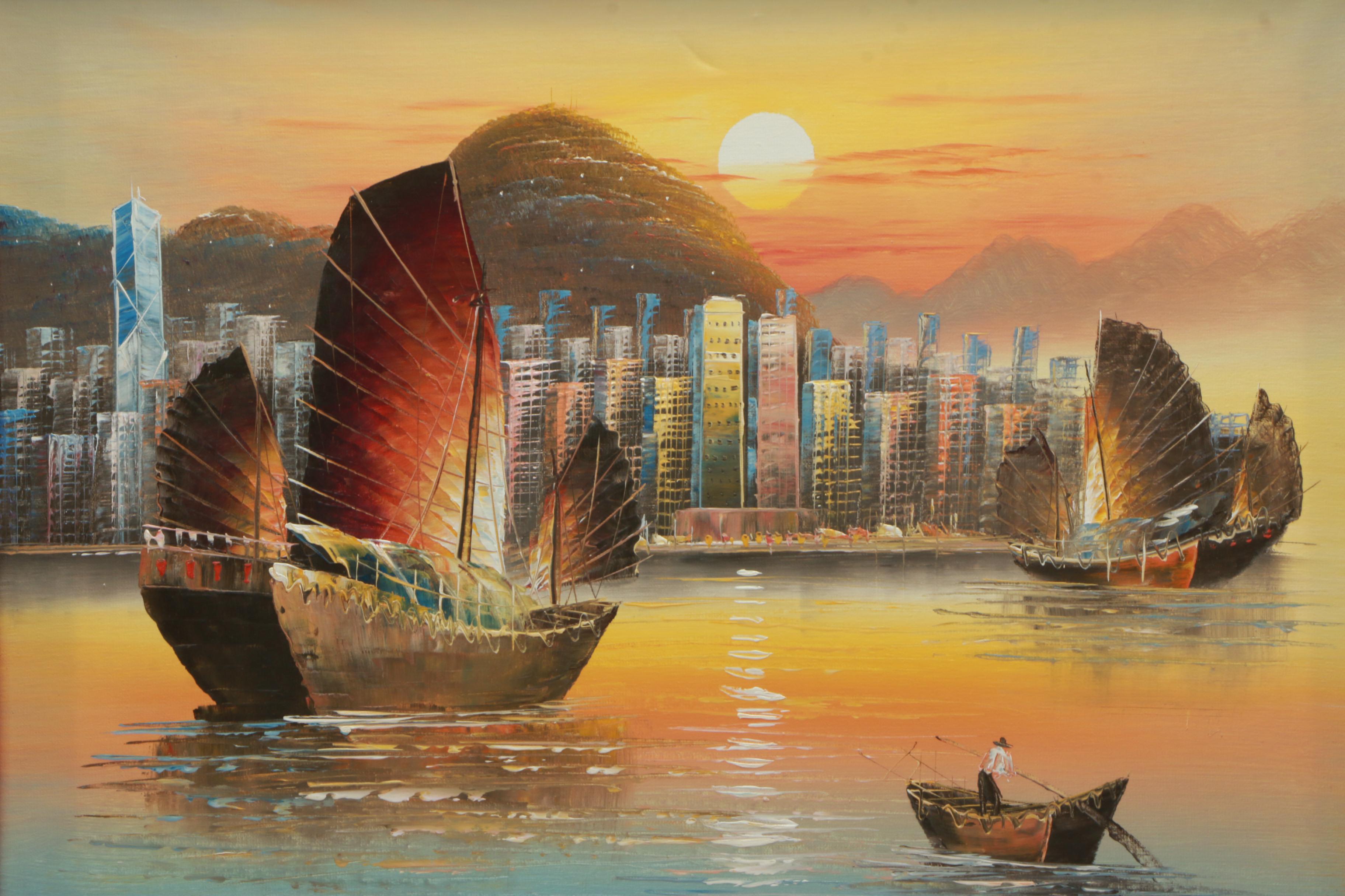 Tang Ping Oil Painting on Canvas of Ship Scene