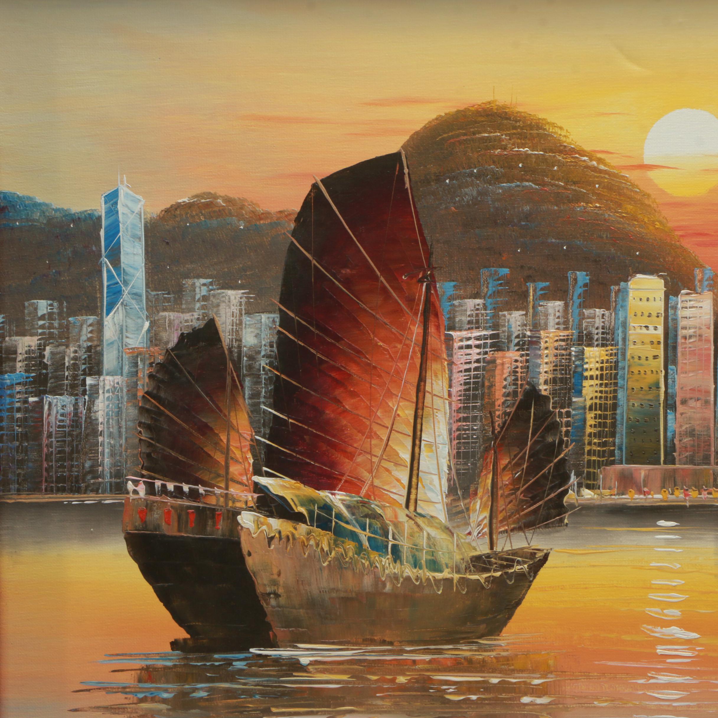 Tang Ping Oil Painting on Canvas of Ship Scene