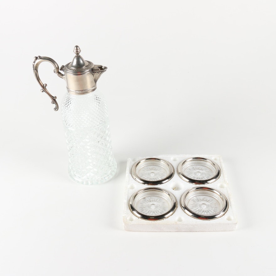 Edwardian Style Silver Plate and Glass Claret Jug with Coasters
