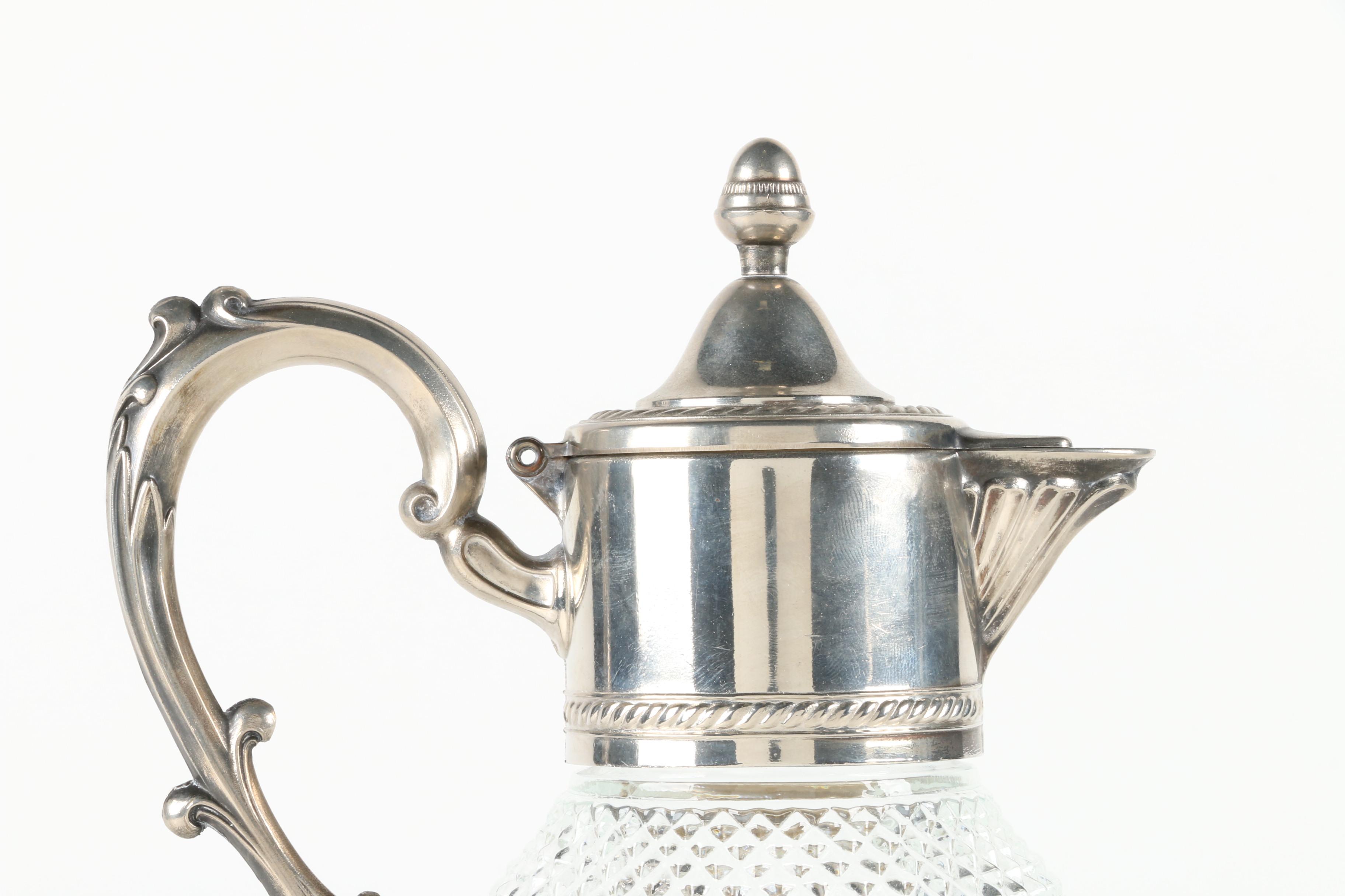 Edwardian Style Silver Plate and Glass Claret Jug with Coasters