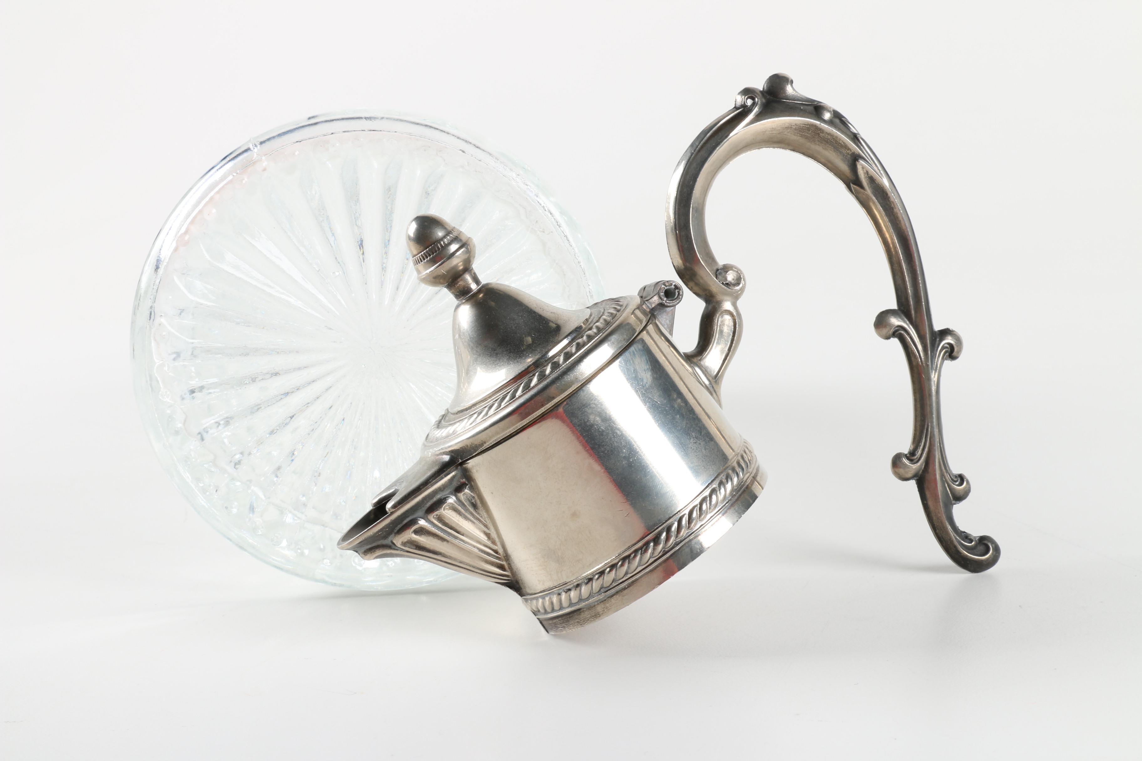 Edwardian Style Silver Plate and Glass Claret Jug with Coasters
