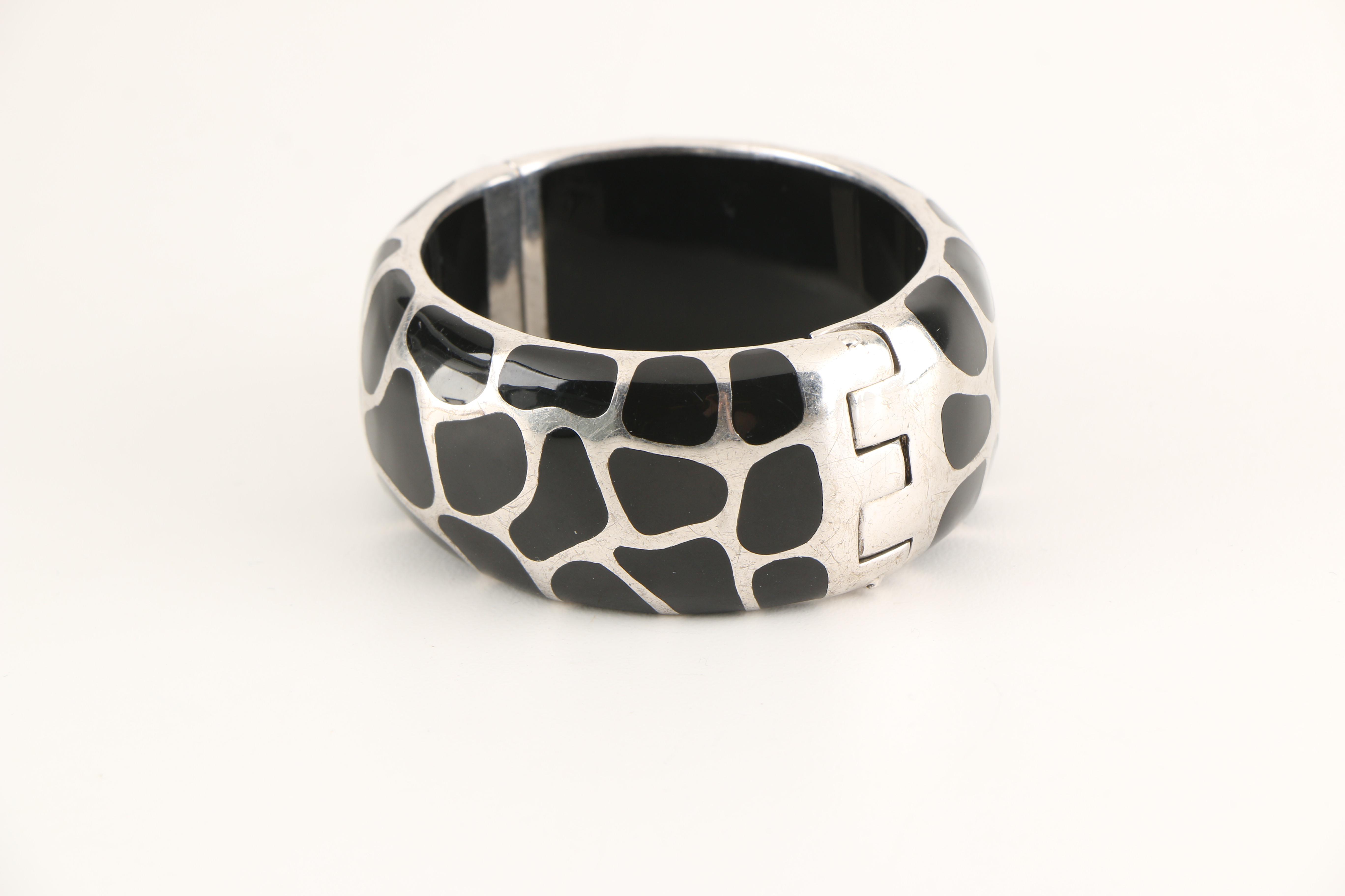 Angelique de Paris Sterling Silver and Black Resin Animal Print Bangle Bracelet