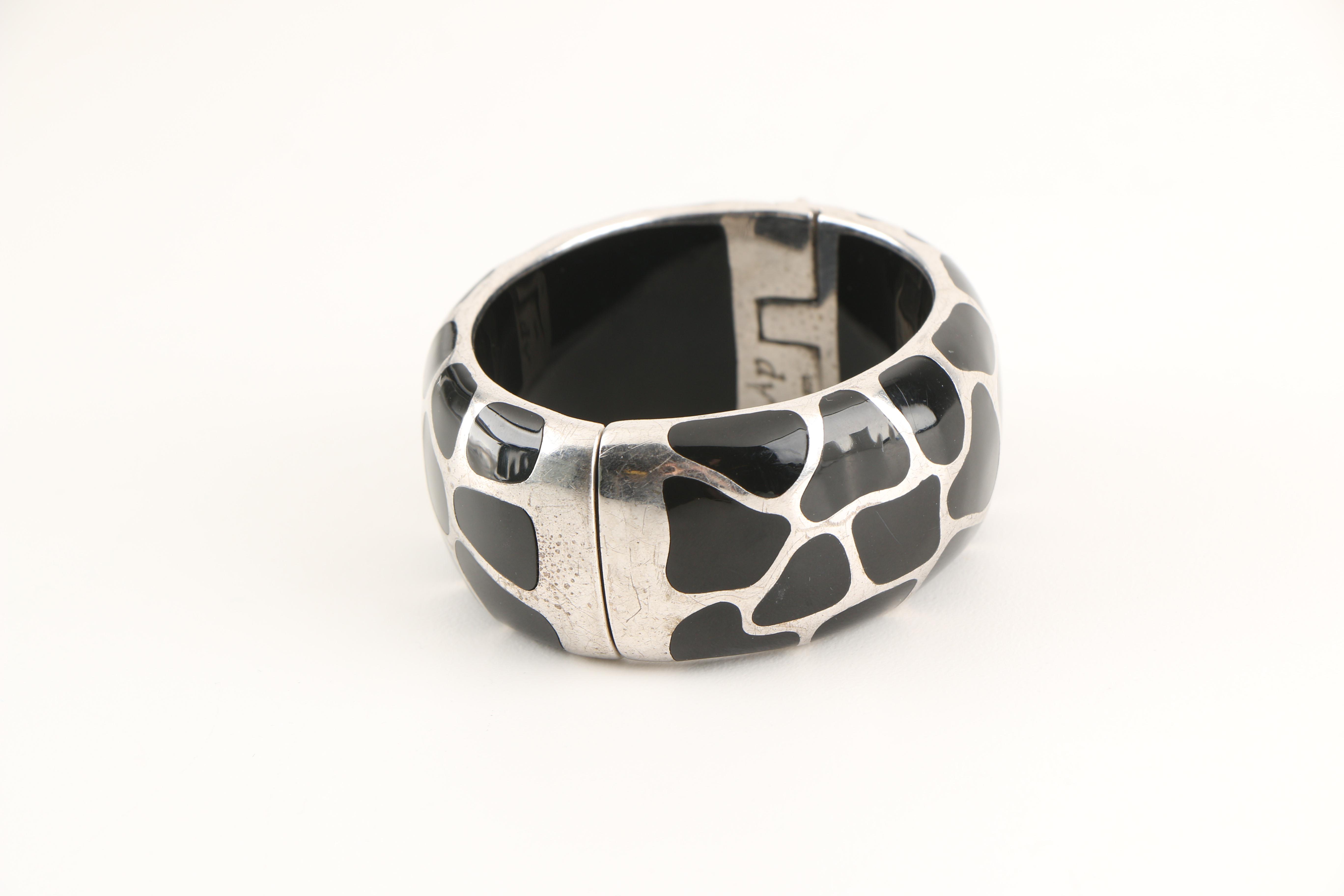Angelique de Paris Sterling Silver and Black Resin Animal Print Bangle Bracelet