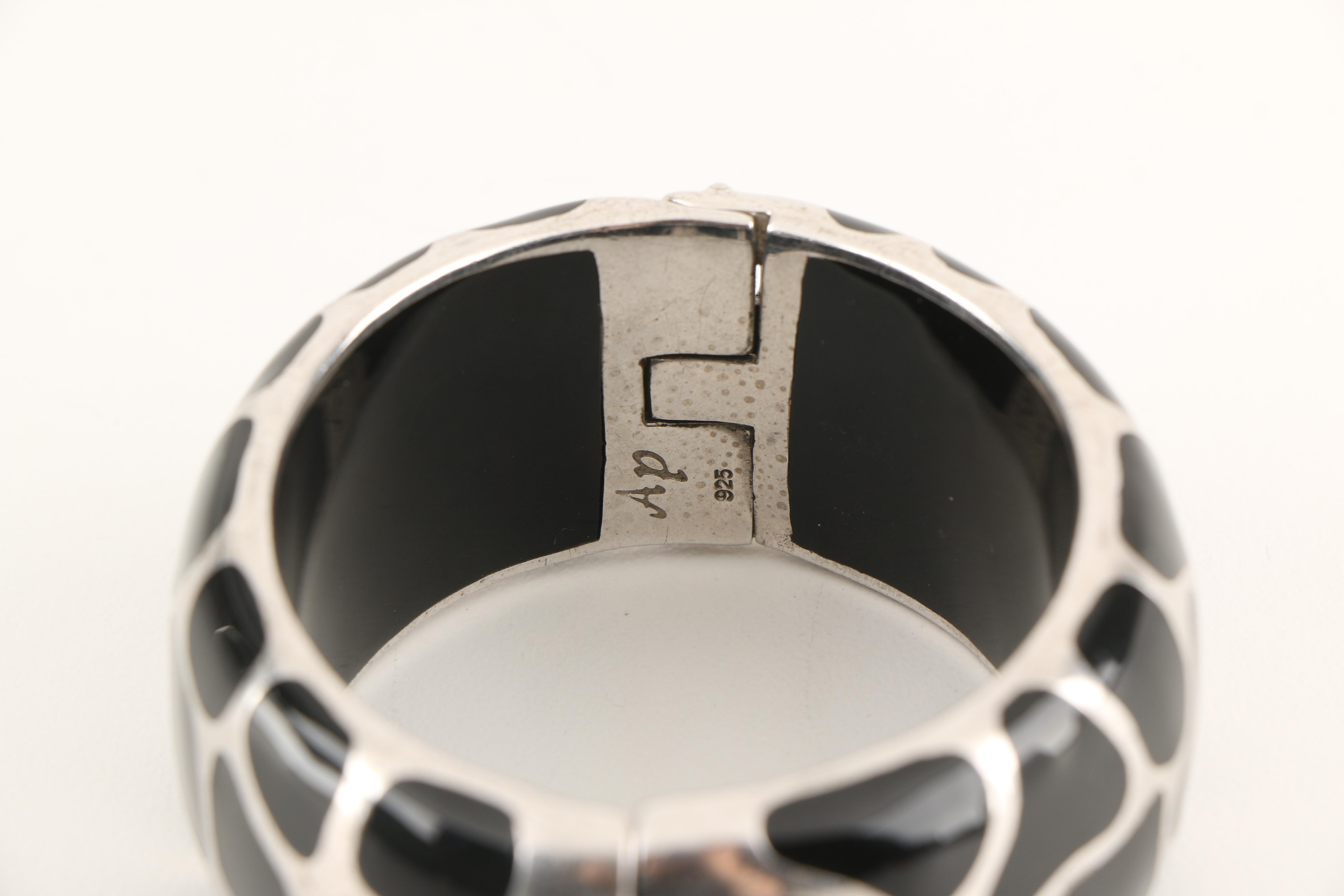 Angelique de Paris Sterling Silver and Black Resin Animal Print Bangle Bracelet