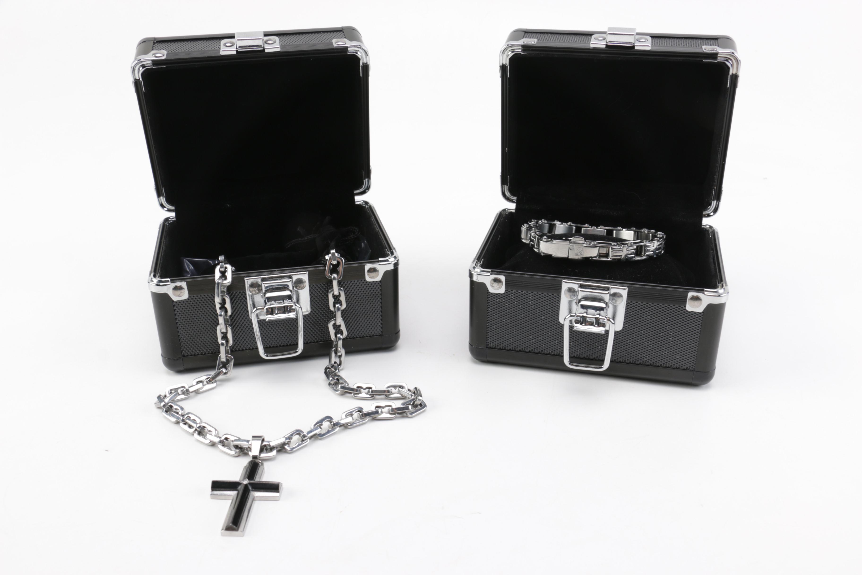 Russell Simmons Stainless Steel Bracelet and Cross Necklace with Boxes