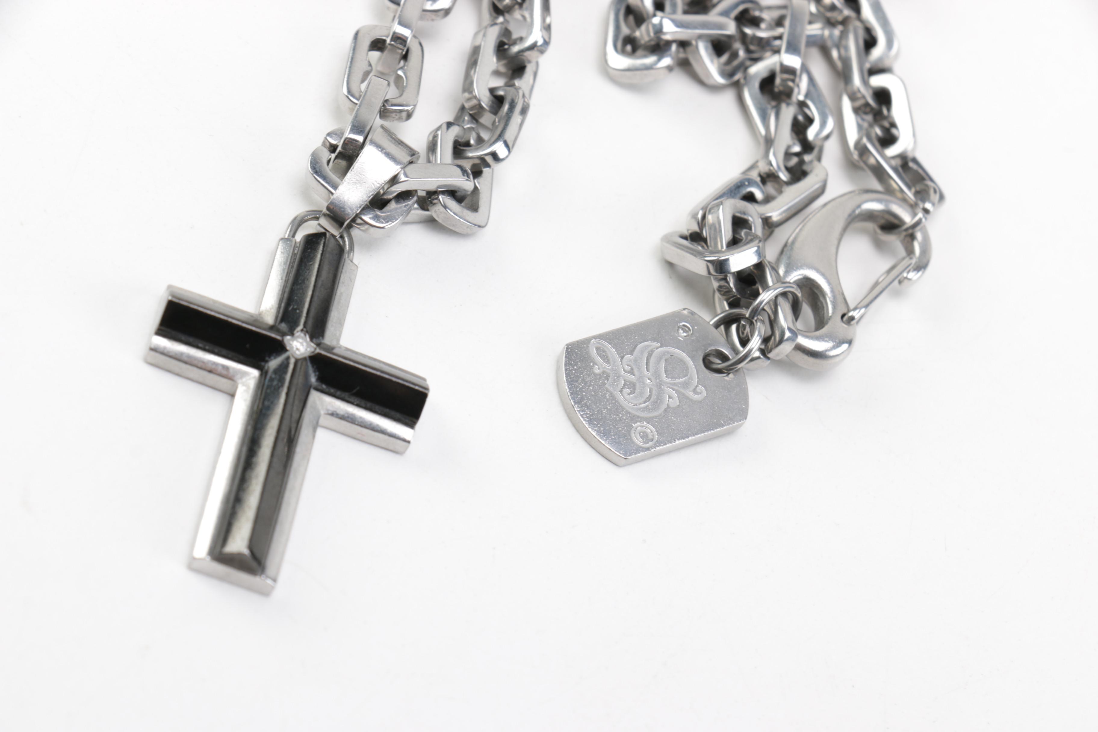 Russell Simmons Stainless Steel Bracelet and Cross Necklace with Boxes