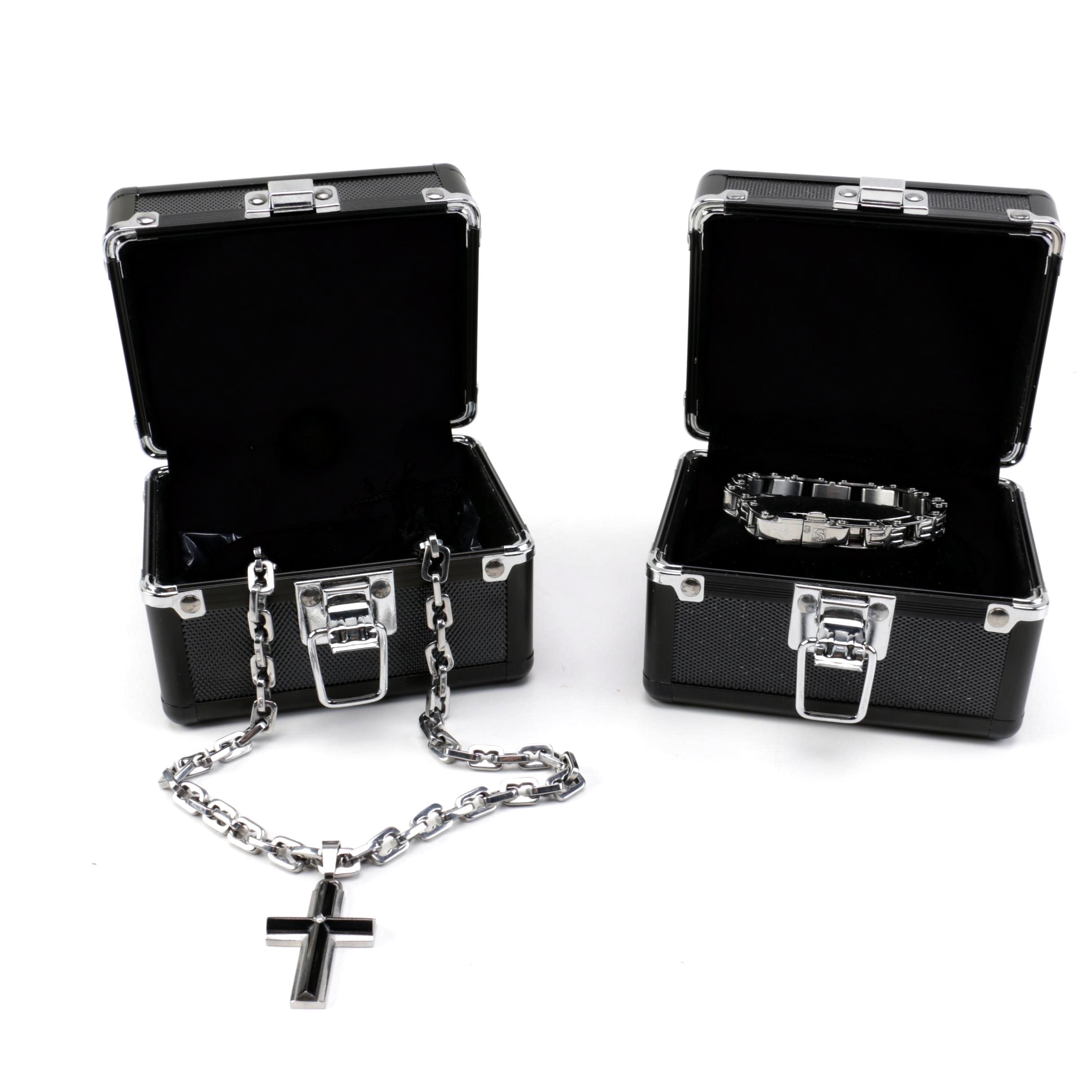 Russell Simmons Stainless Steel Bracelet and Cross Necklace with Boxes