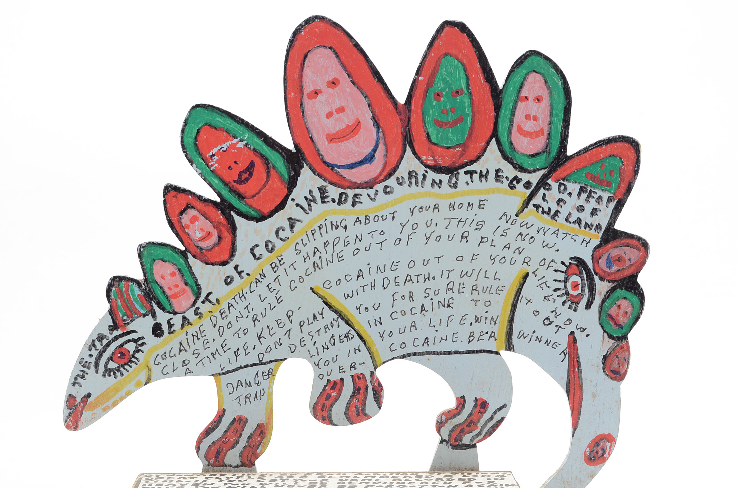 Howard Finster Oil and Marker on Shaped Wood Sculpture "Beast of Cocaine"