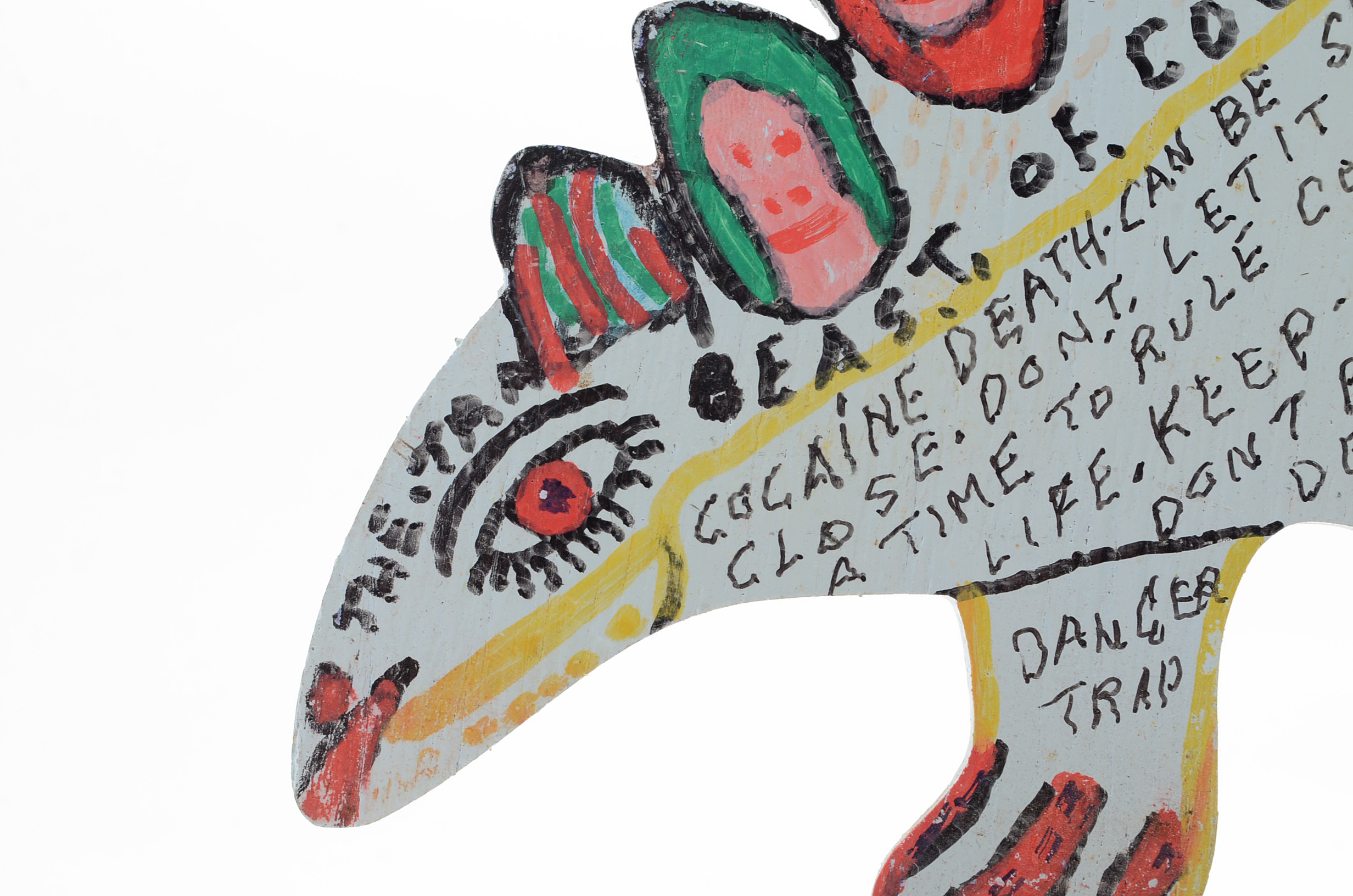 Howard Finster Oil and Marker on Shaped Wood Sculpture "Beast of Cocaine"
