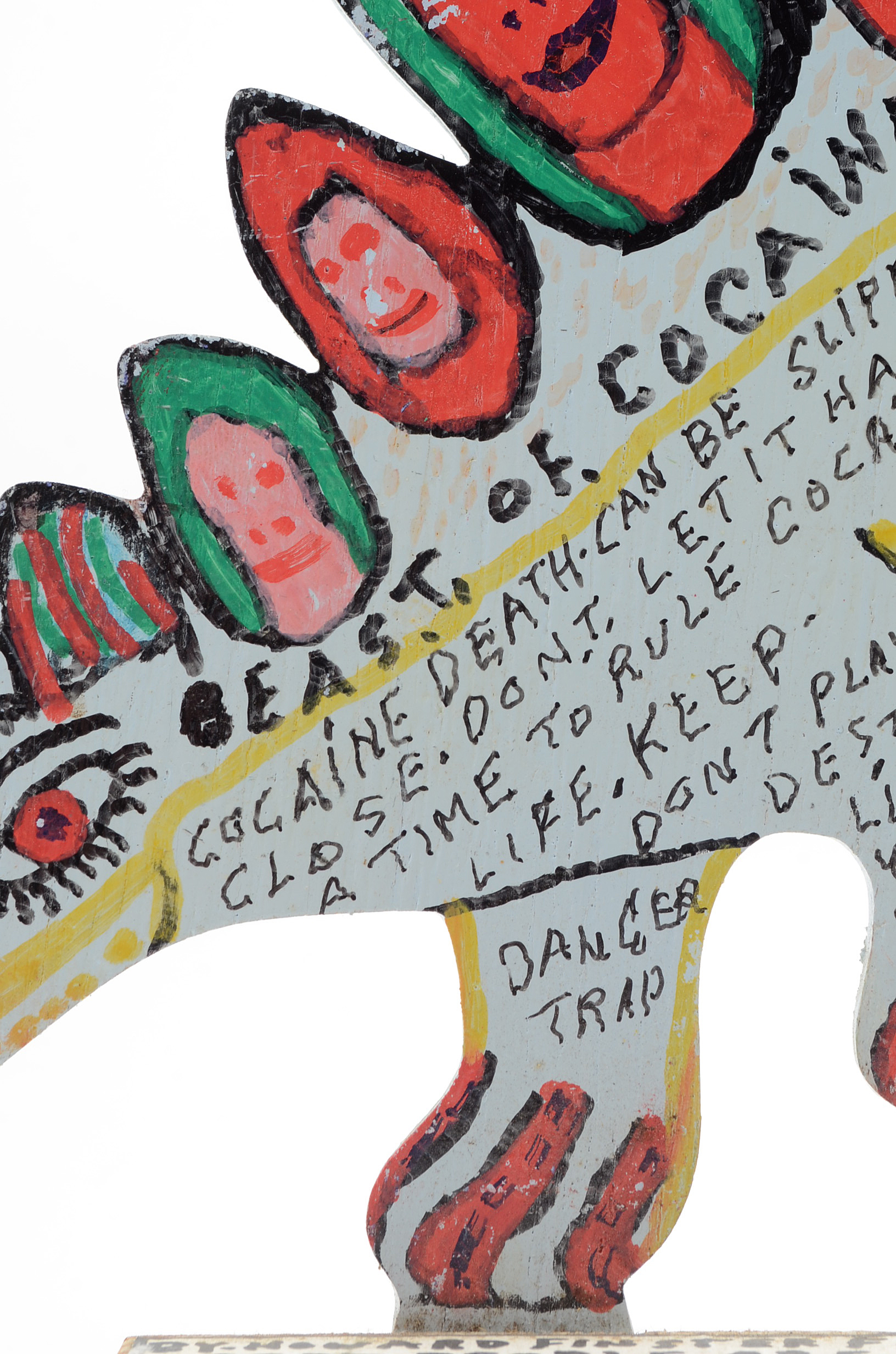 Howard Finster Oil and Marker on Shaped Wood Sculpture "Beast of Cocaine"