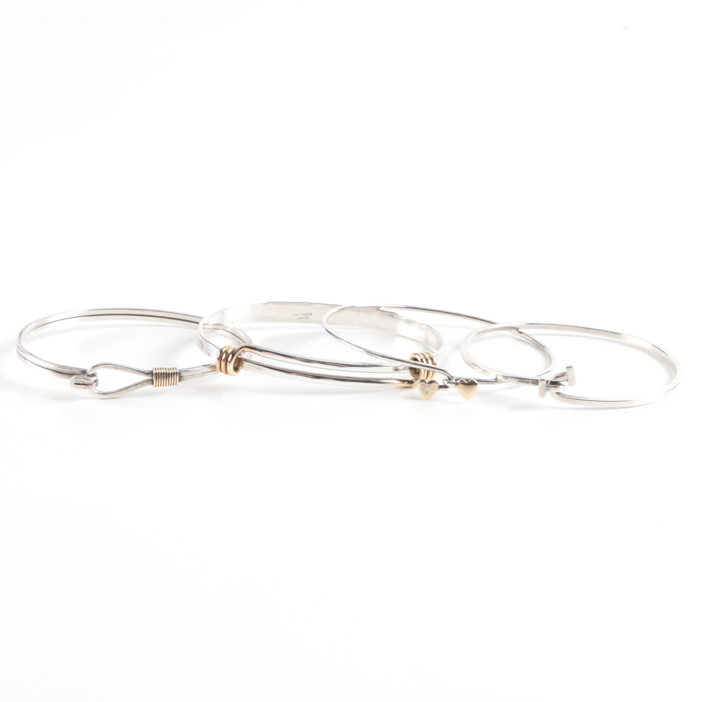 Selection of Sterling Silver Bangles With 14K Yellow Gold Accents