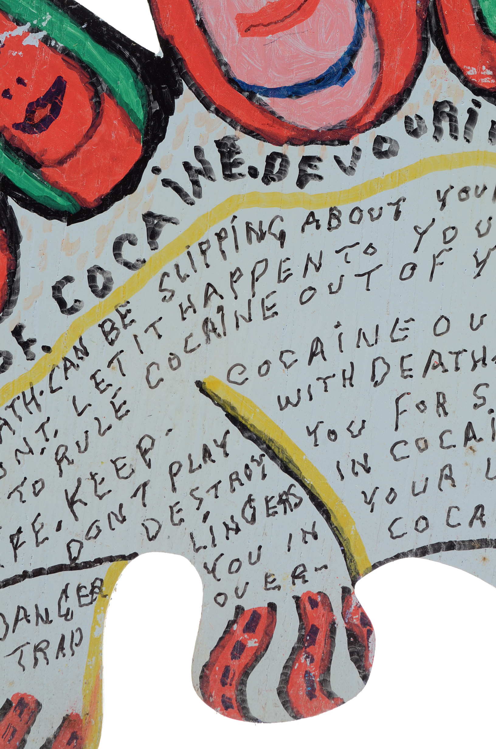 Howard Finster Oil and Marker on Shaped Wood Sculpture "Beast of Cocaine"