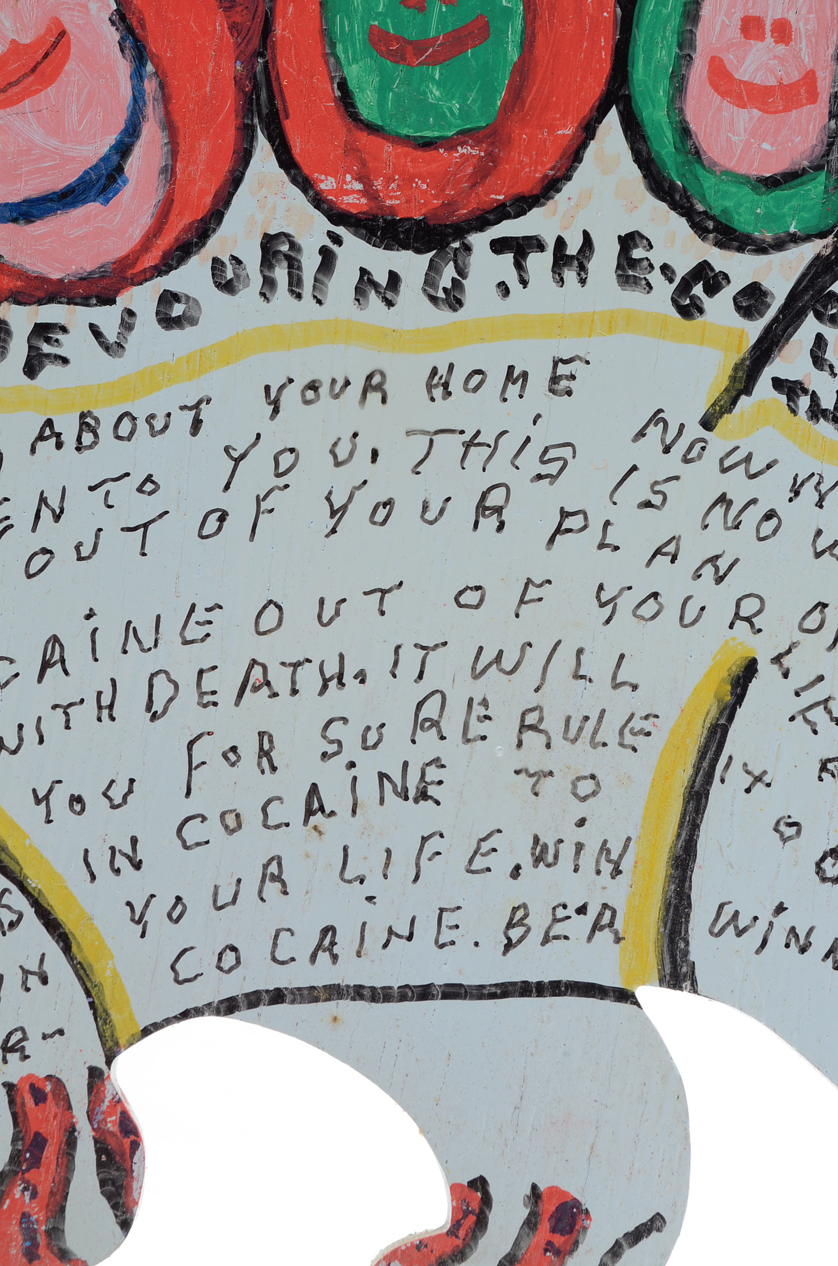 Howard Finster Oil and Marker on Shaped Wood Sculpture "Beast of Cocaine"