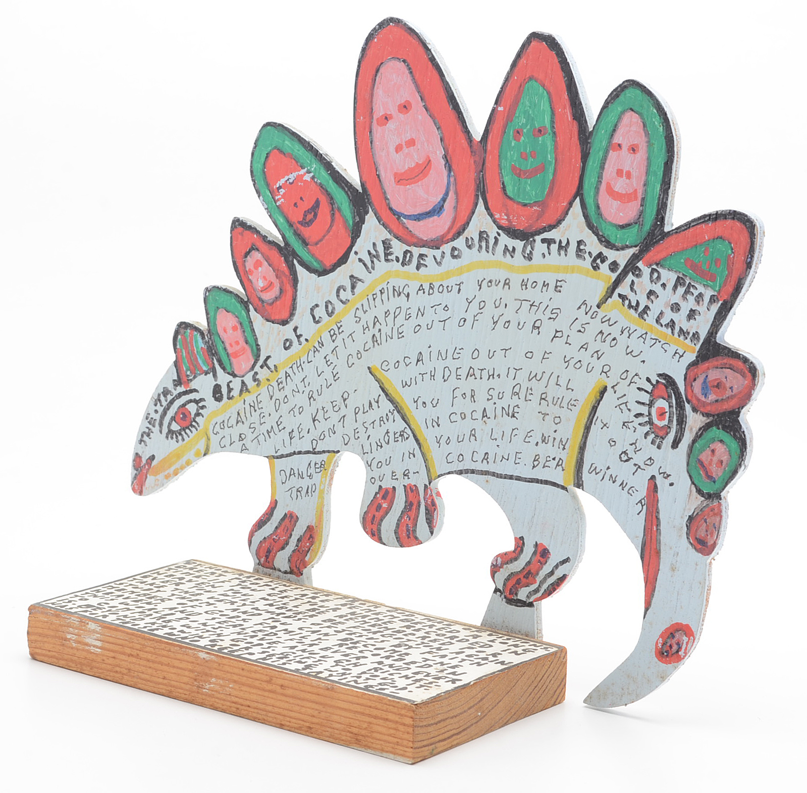 Howard Finster Oil and Marker on Shaped Wood Sculpture "Beast of Cocaine"