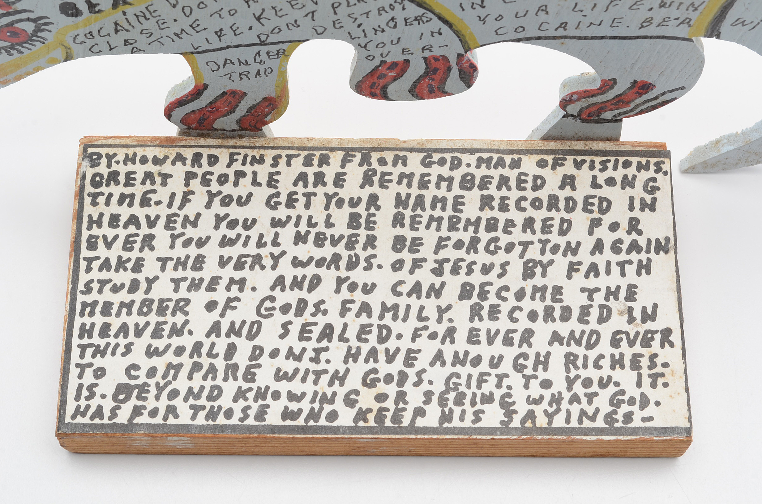 Howard Finster Oil and Marker on Shaped Wood Sculpture "Beast of Cocaine"