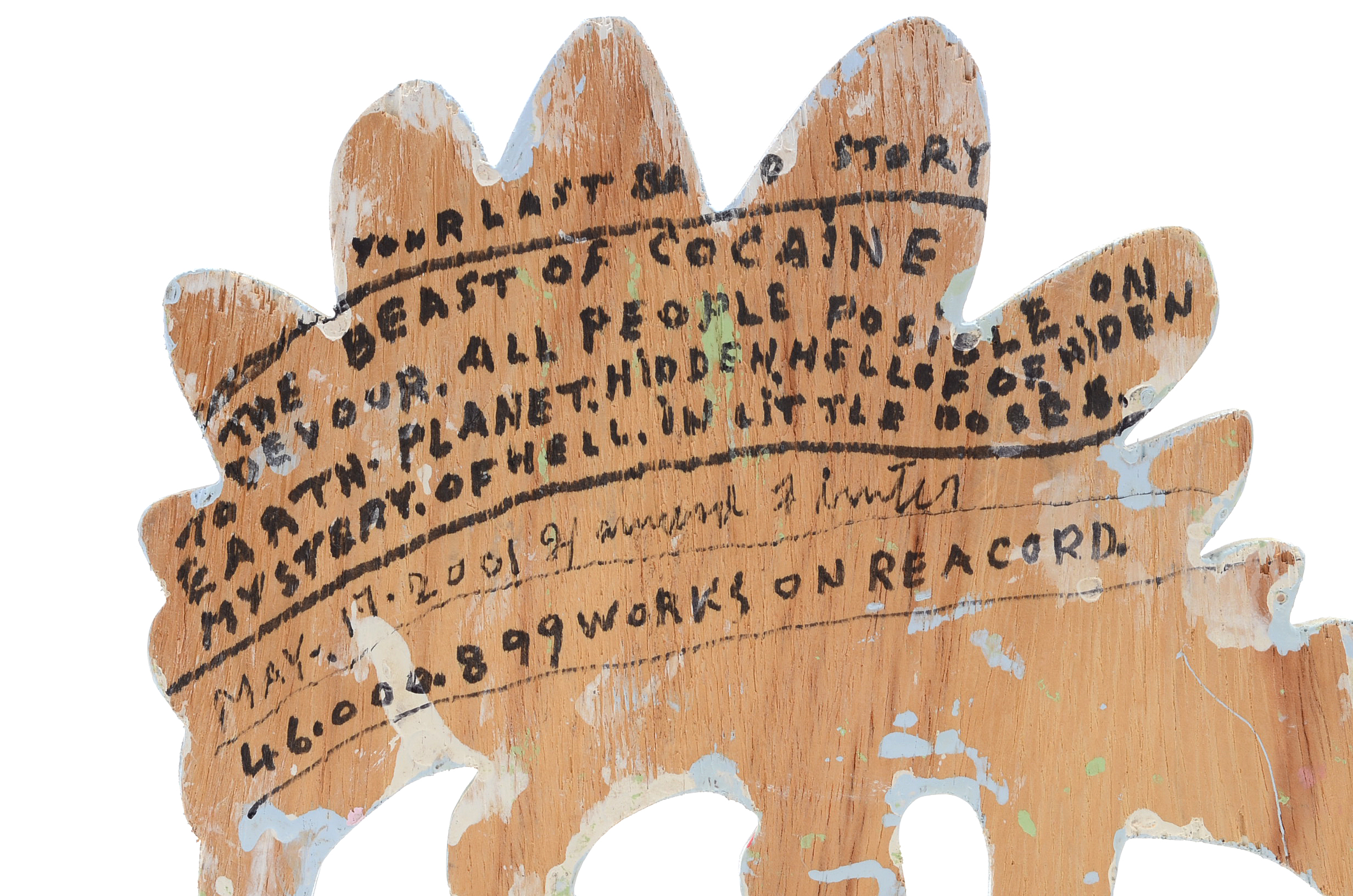 Howard Finster Oil and Marker on Shaped Wood Sculpture "Beast of Cocaine"