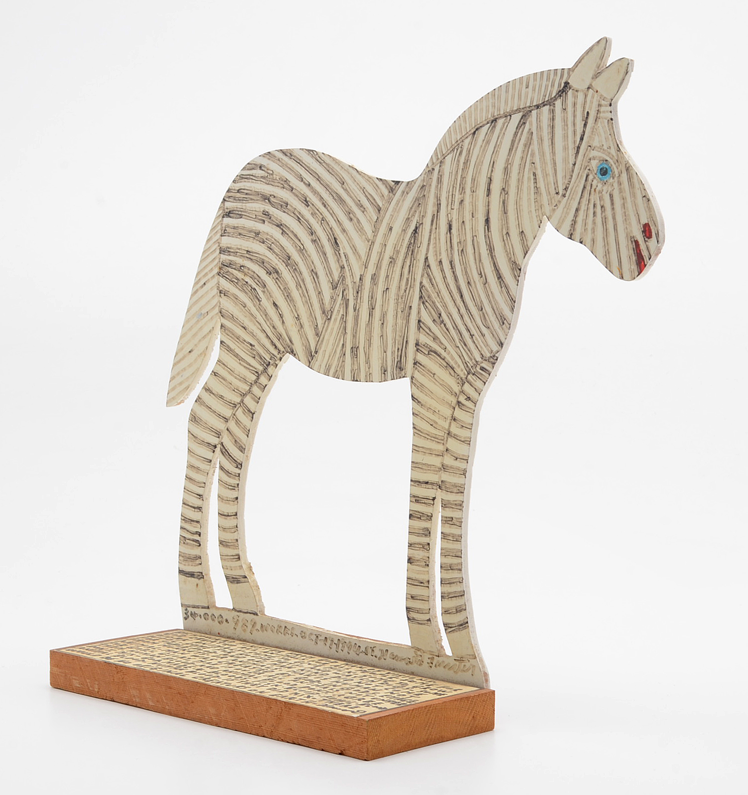 Howard Finster Oil and Marker on Shaped Wood Sculpture of a Zebra
