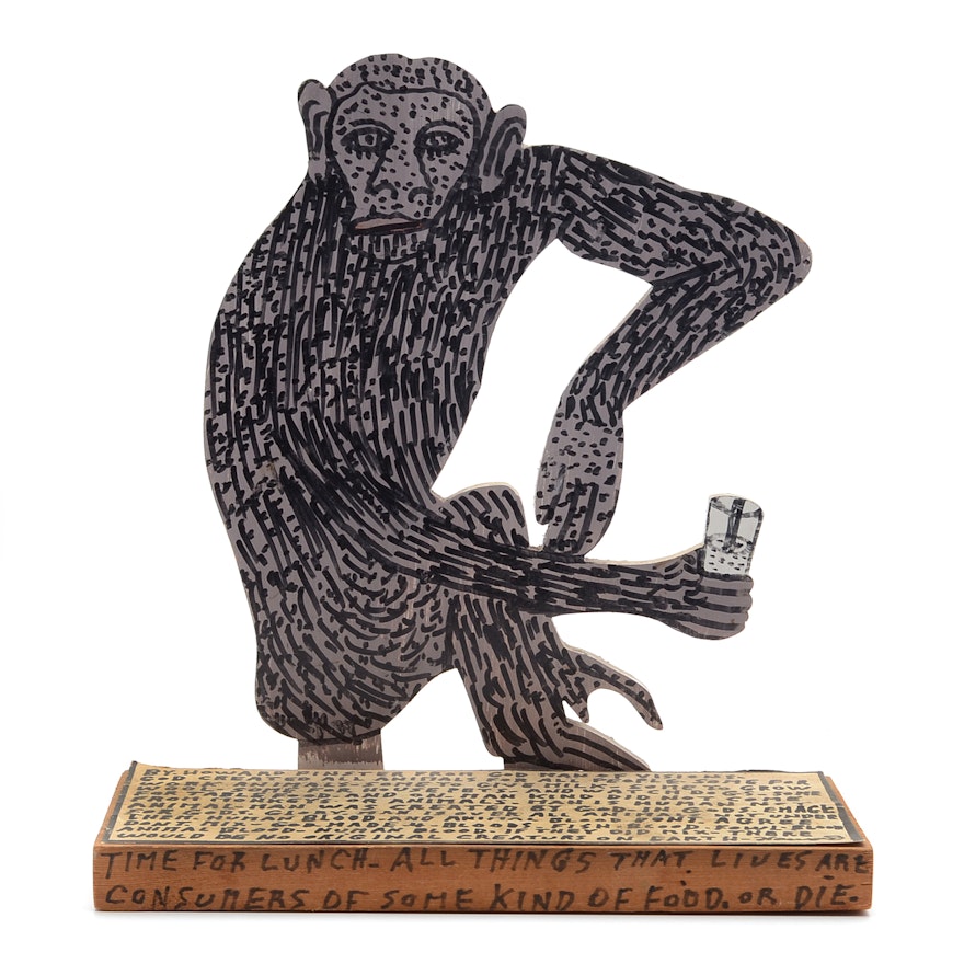 Howard Finster Oil and Marker on Shaped Wood Sculpture "Monkey Ba Bo"