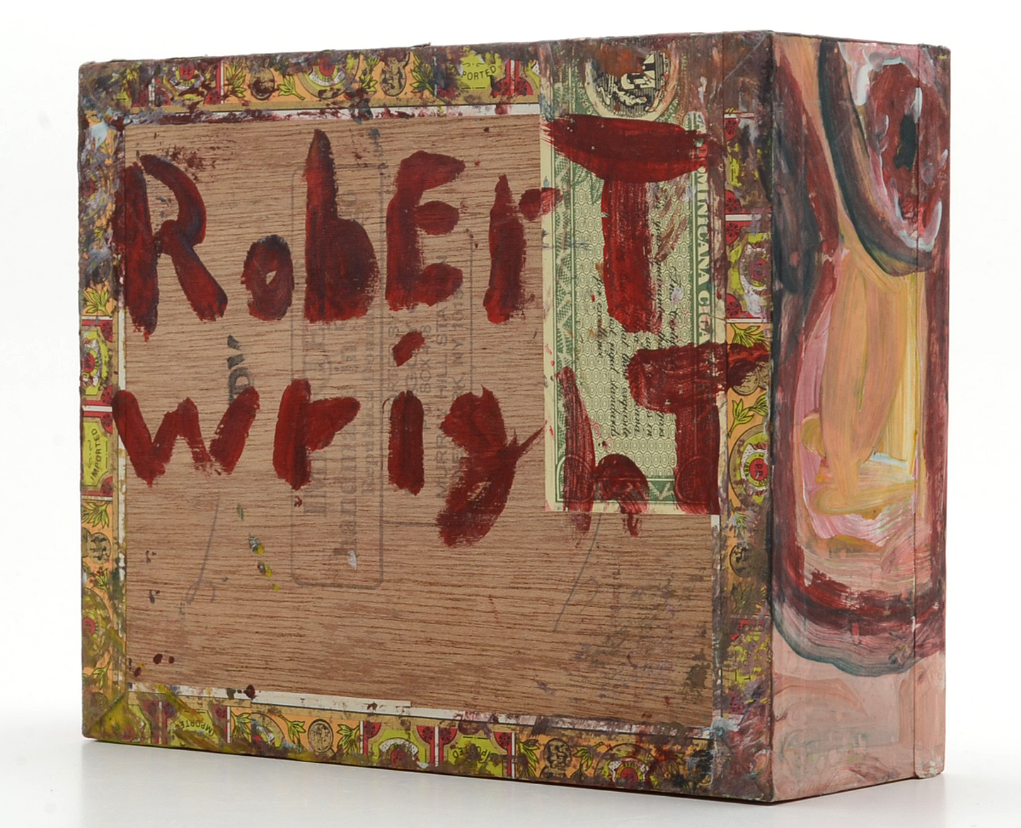 Robert Wright Folk Art Gouache Painting on a Cigar Box