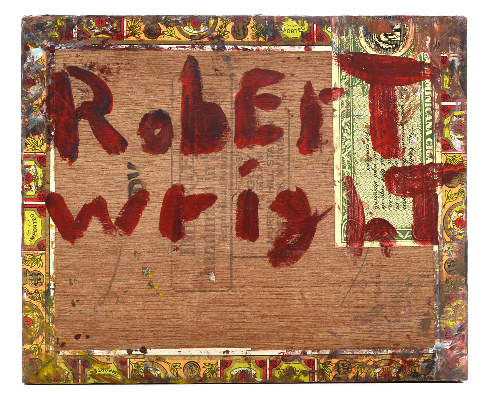 Robert Wright Folk Art Gouache Painting on a Cigar Box