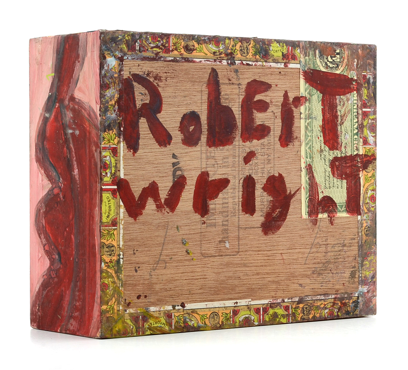 Robert Wright Folk Art Gouache Painting on a Cigar Box