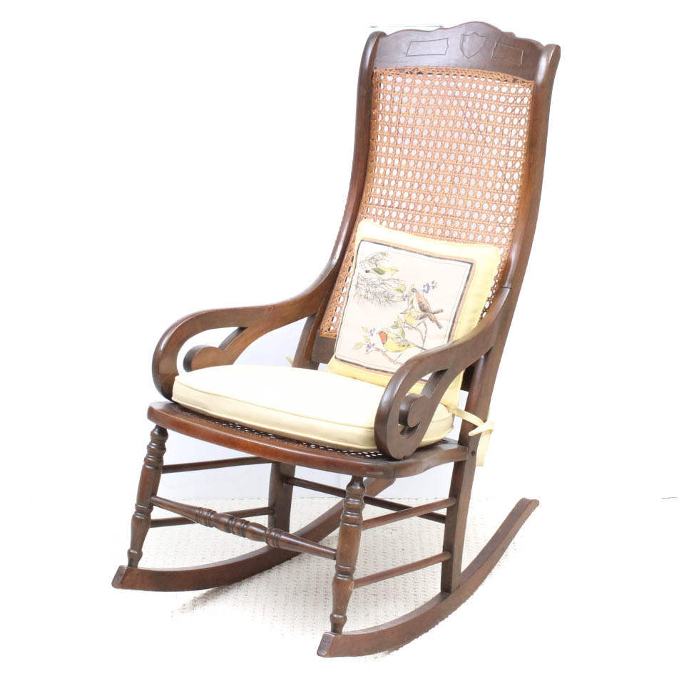Vintage Wood Rocking Chair with Caned Back and Seat