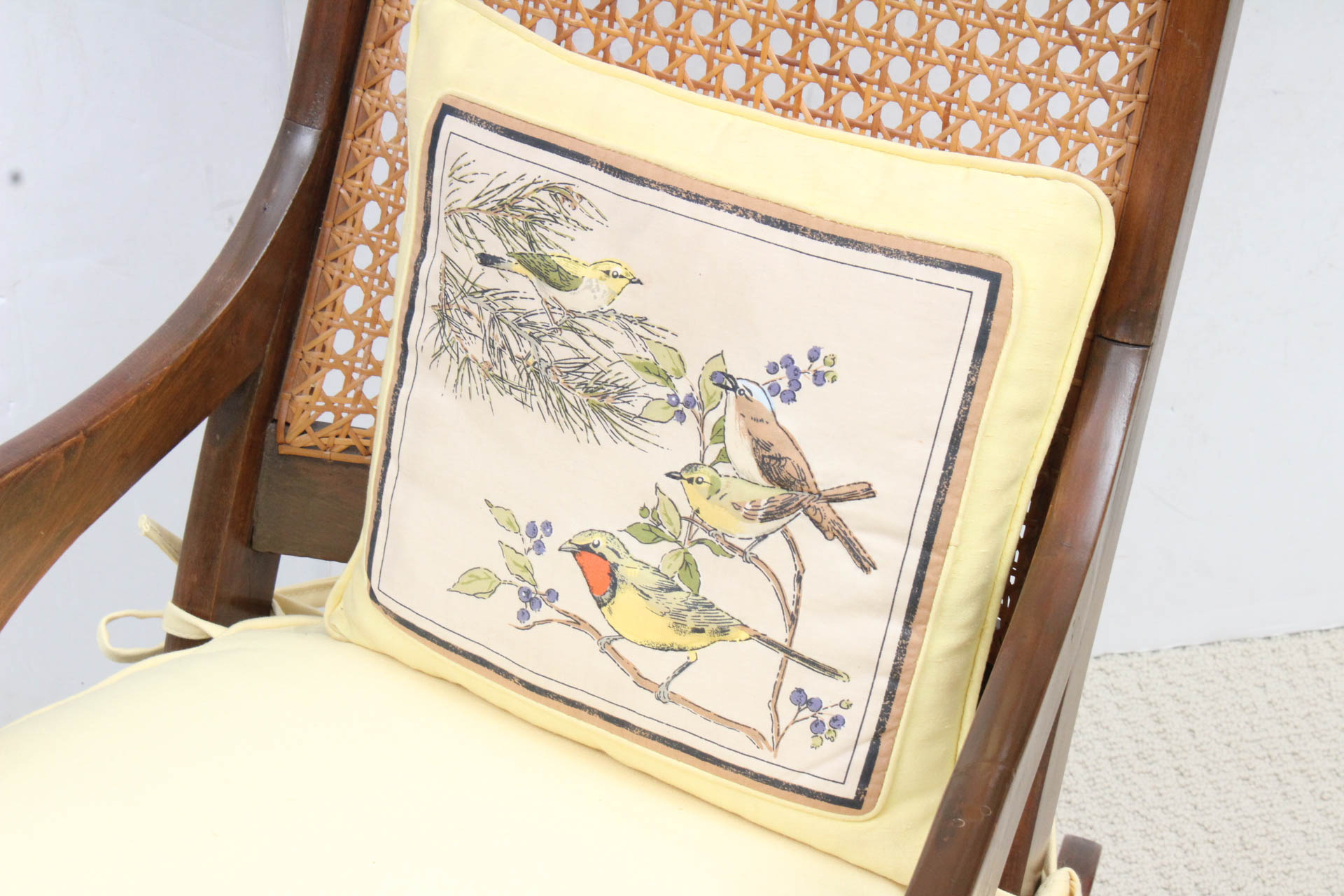 Vintage Wood Rocking Chair with Caned Back and Seat