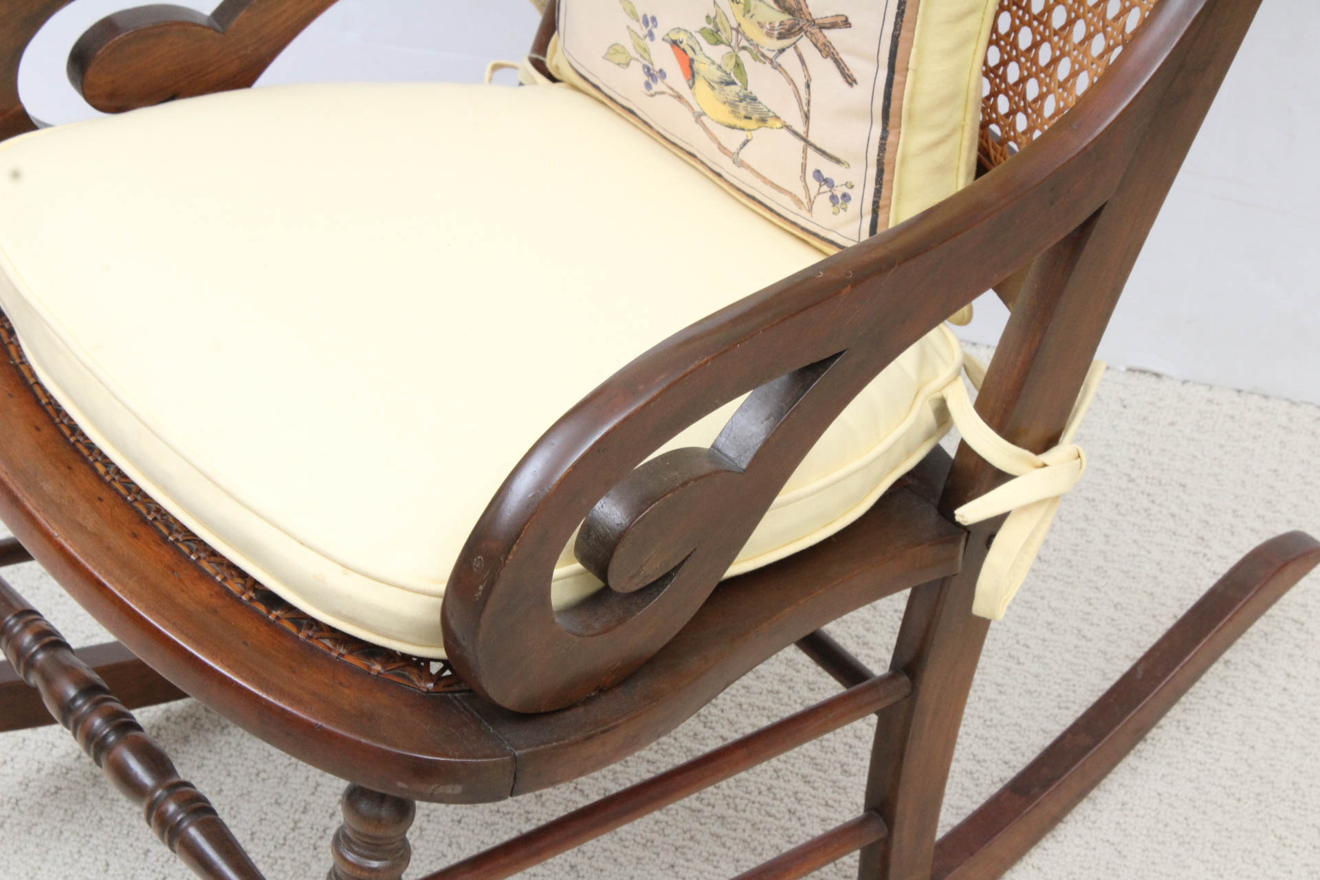 Vintage Wood Rocking Chair with Caned Back and Seat