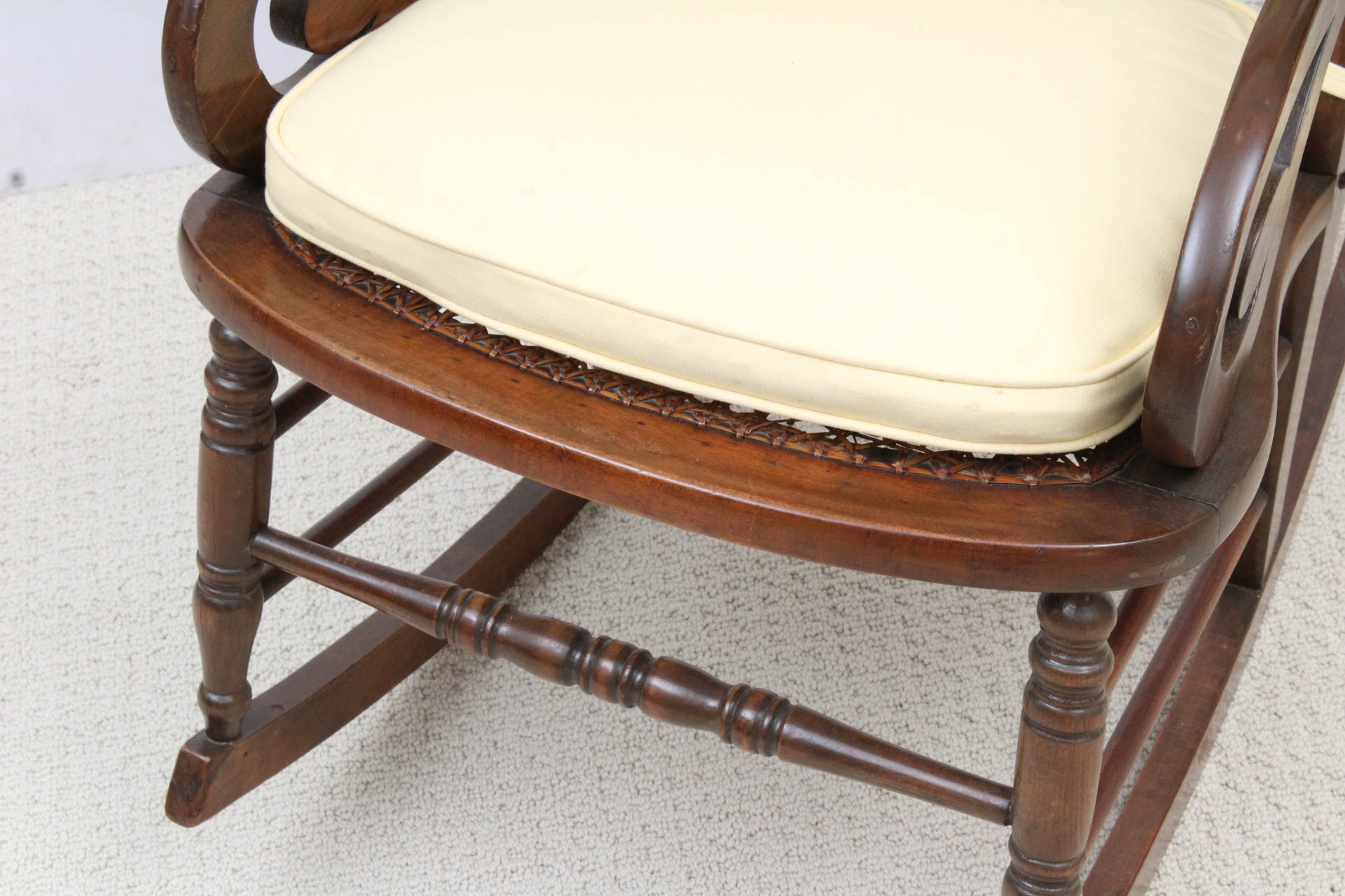 Vintage Wood Rocking Chair with Caned Back and Seat
